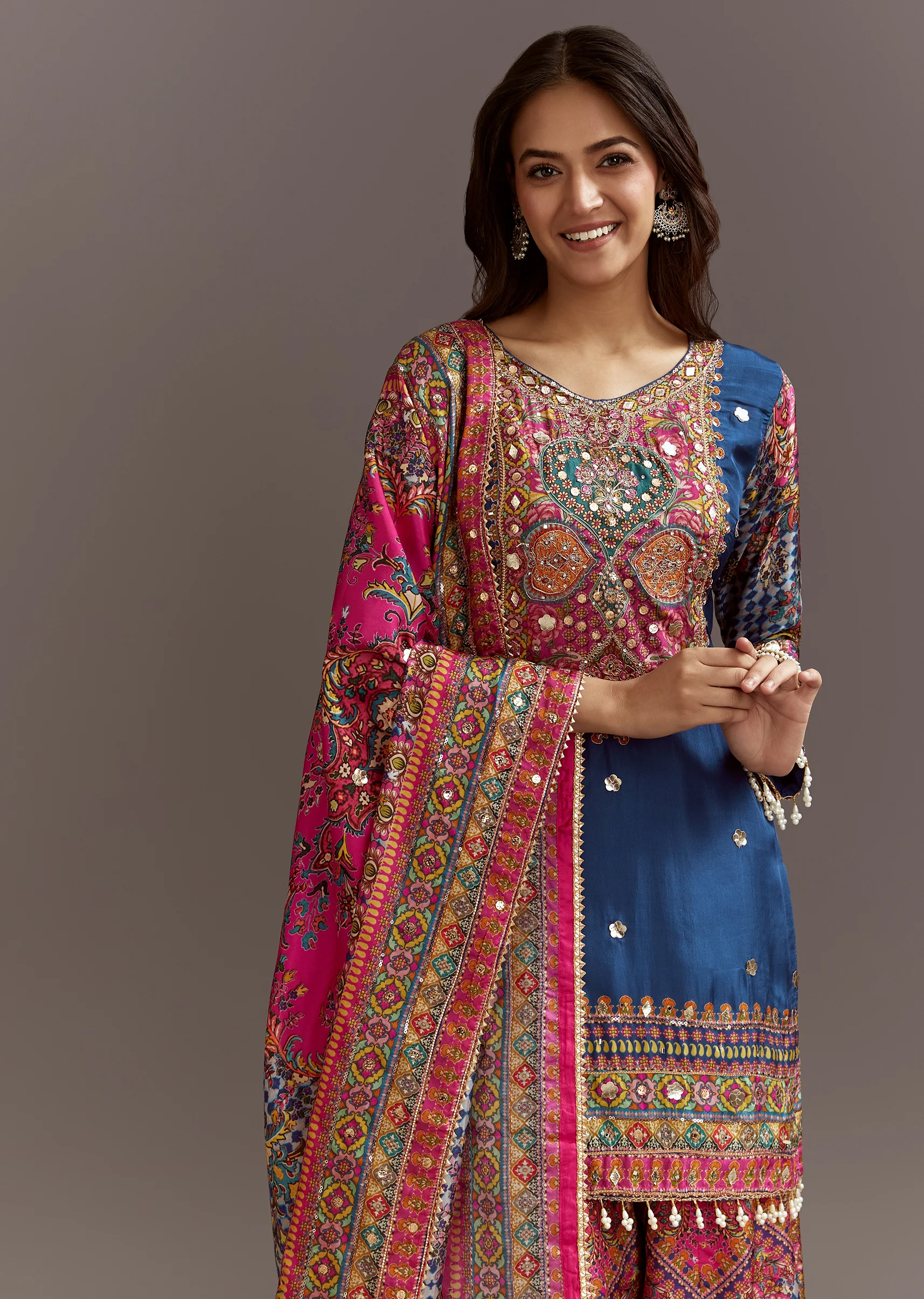 Blue Printed Kurta Palazzo Set With Gotta Lace And Sequins Work - Image 2
