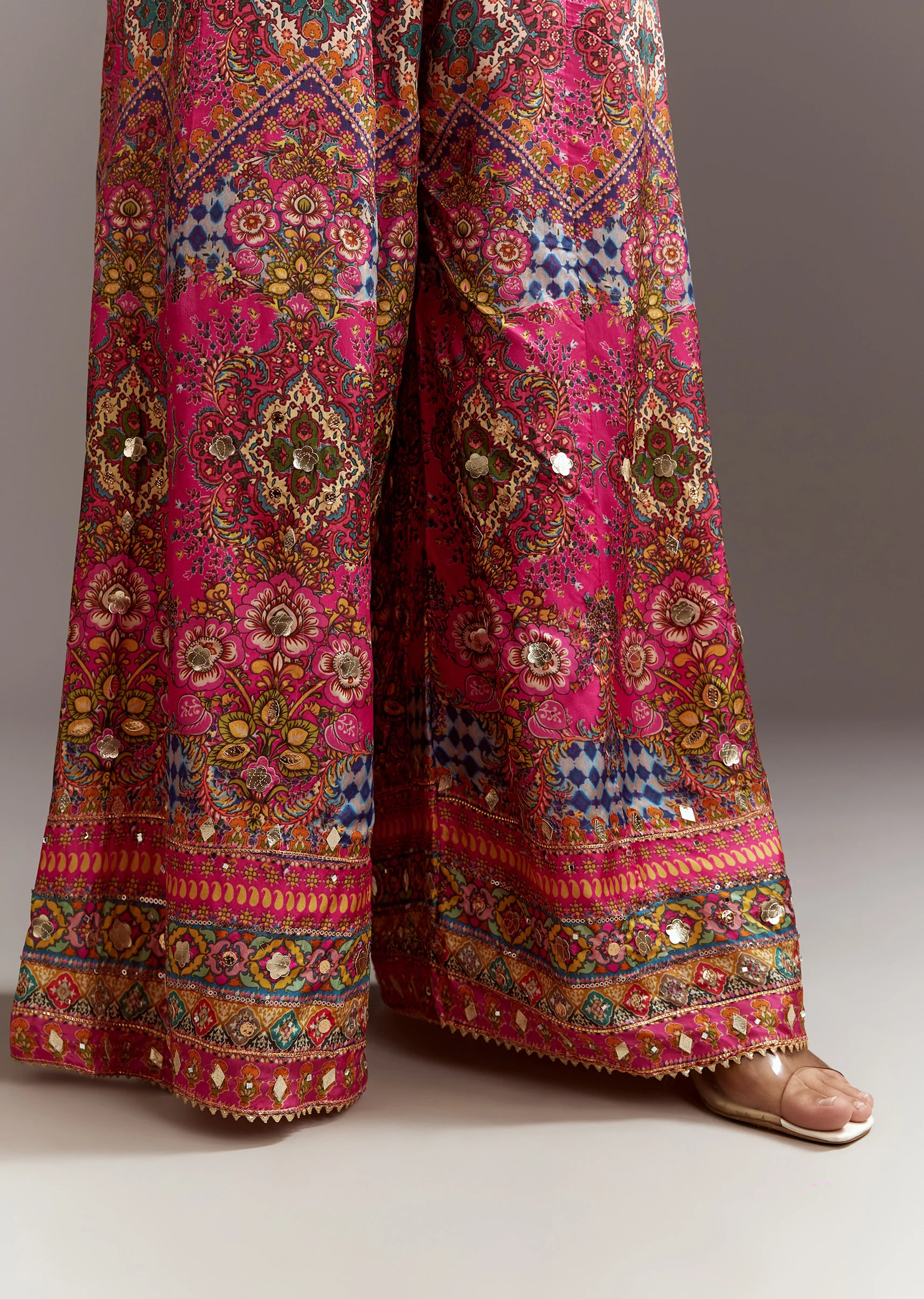 Blue Printed Kurta Palazzo Set With Gotta Lace And Sequins Work - Image 6
