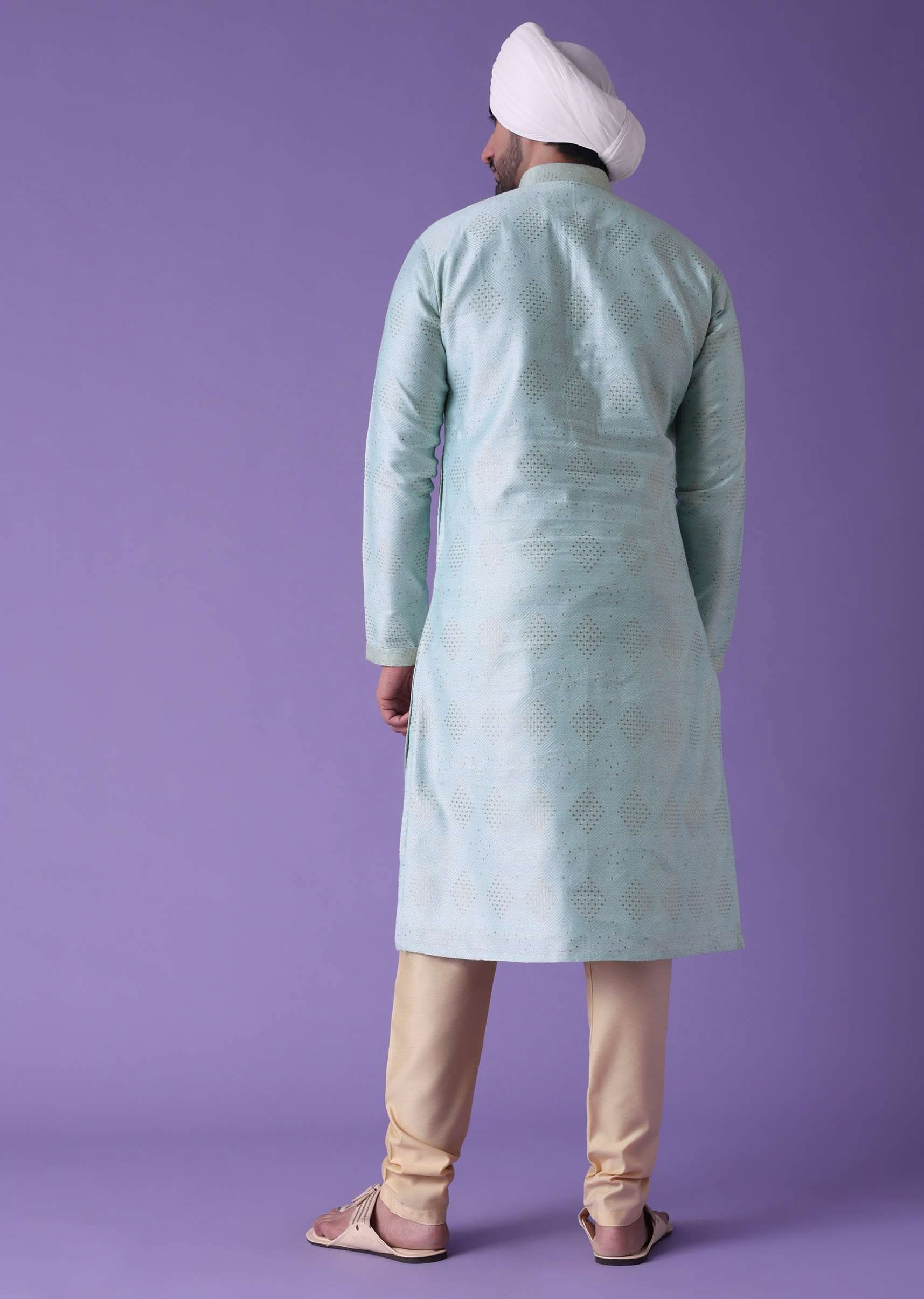 Blue Printed Kurta Set In Cotton Silk - Image 5