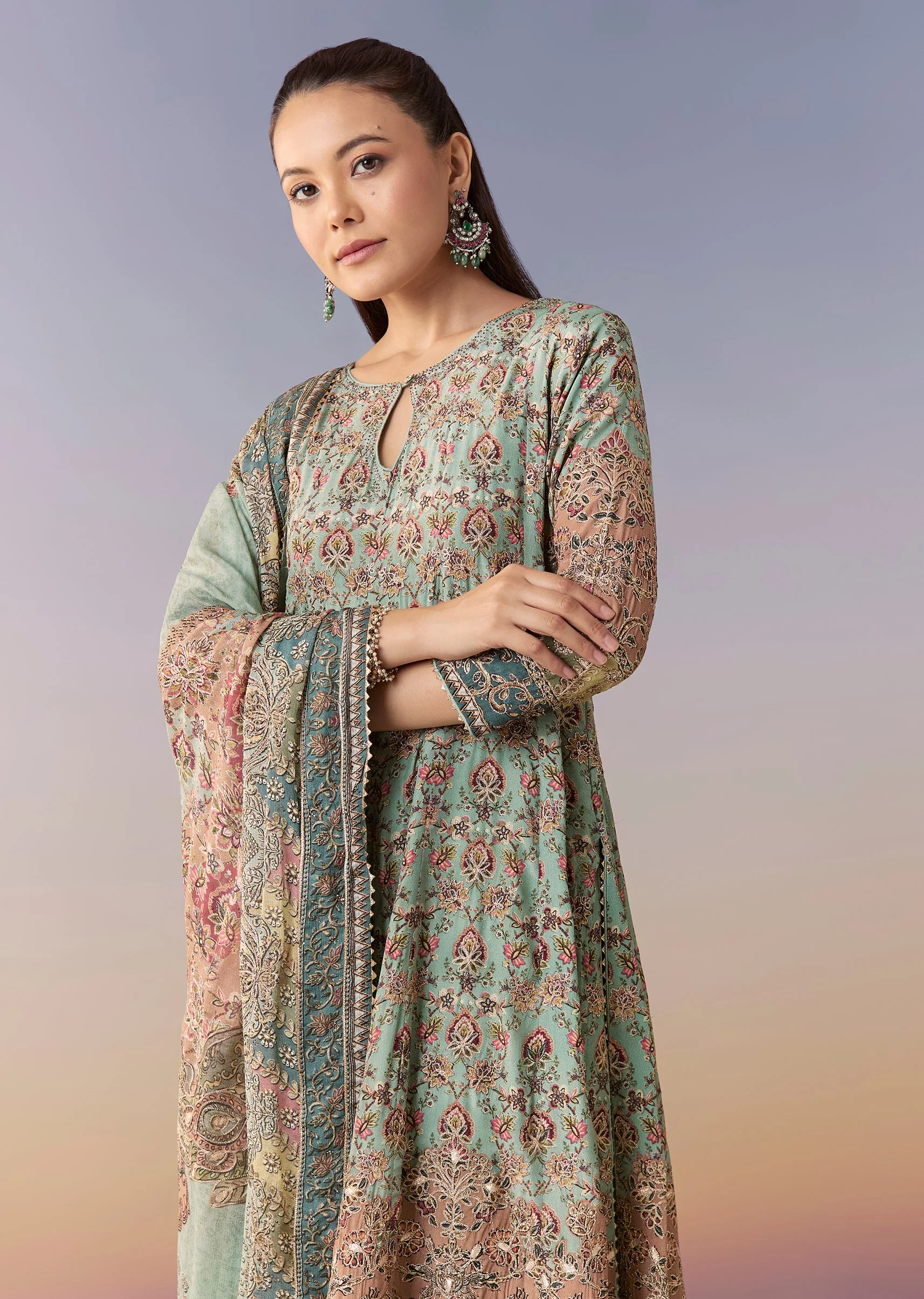 Blue Printed Kurta Set With Pant And Dupatta - Image 4