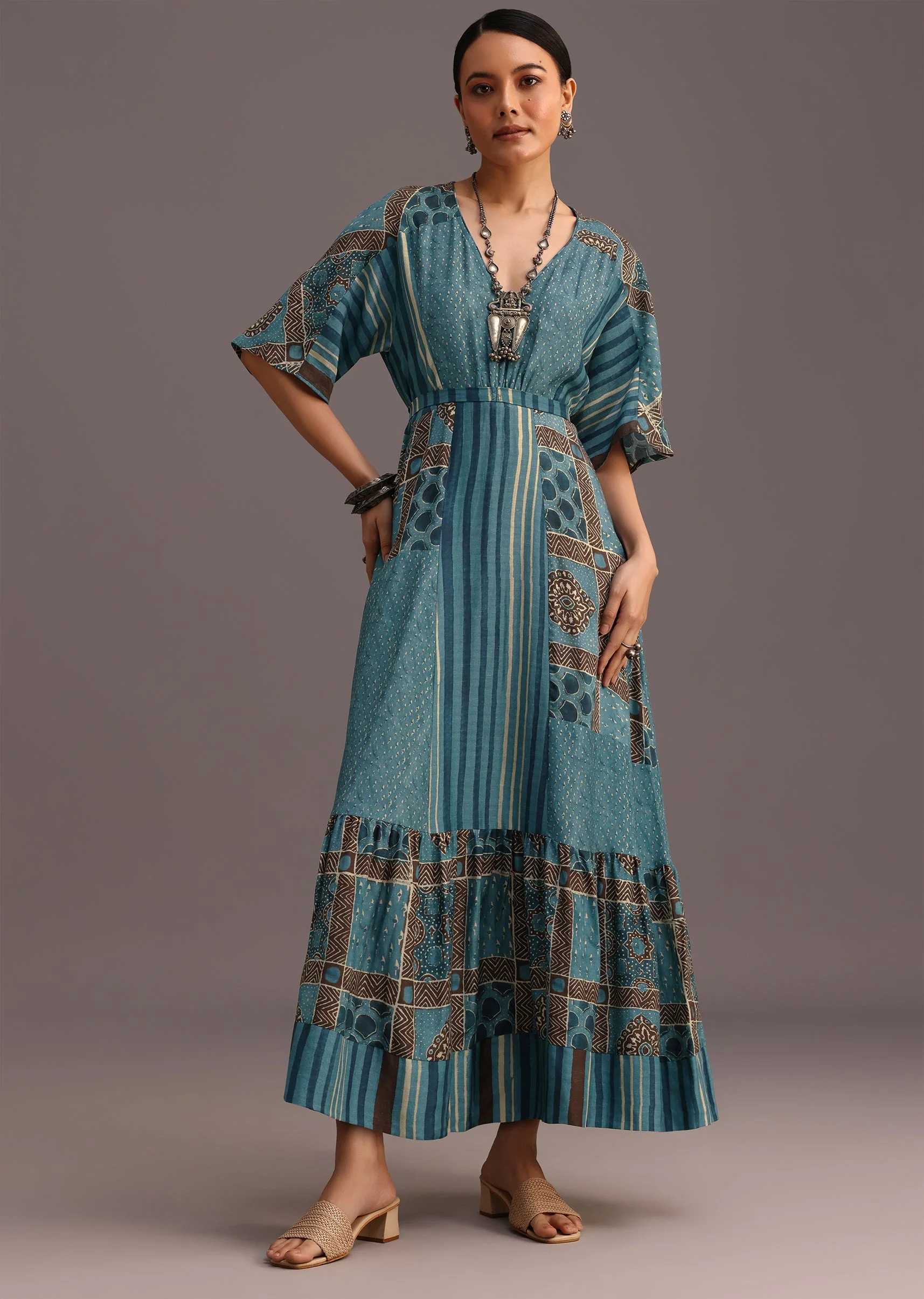 Blue Printed Kurti Dress With Tie Up - Image 3