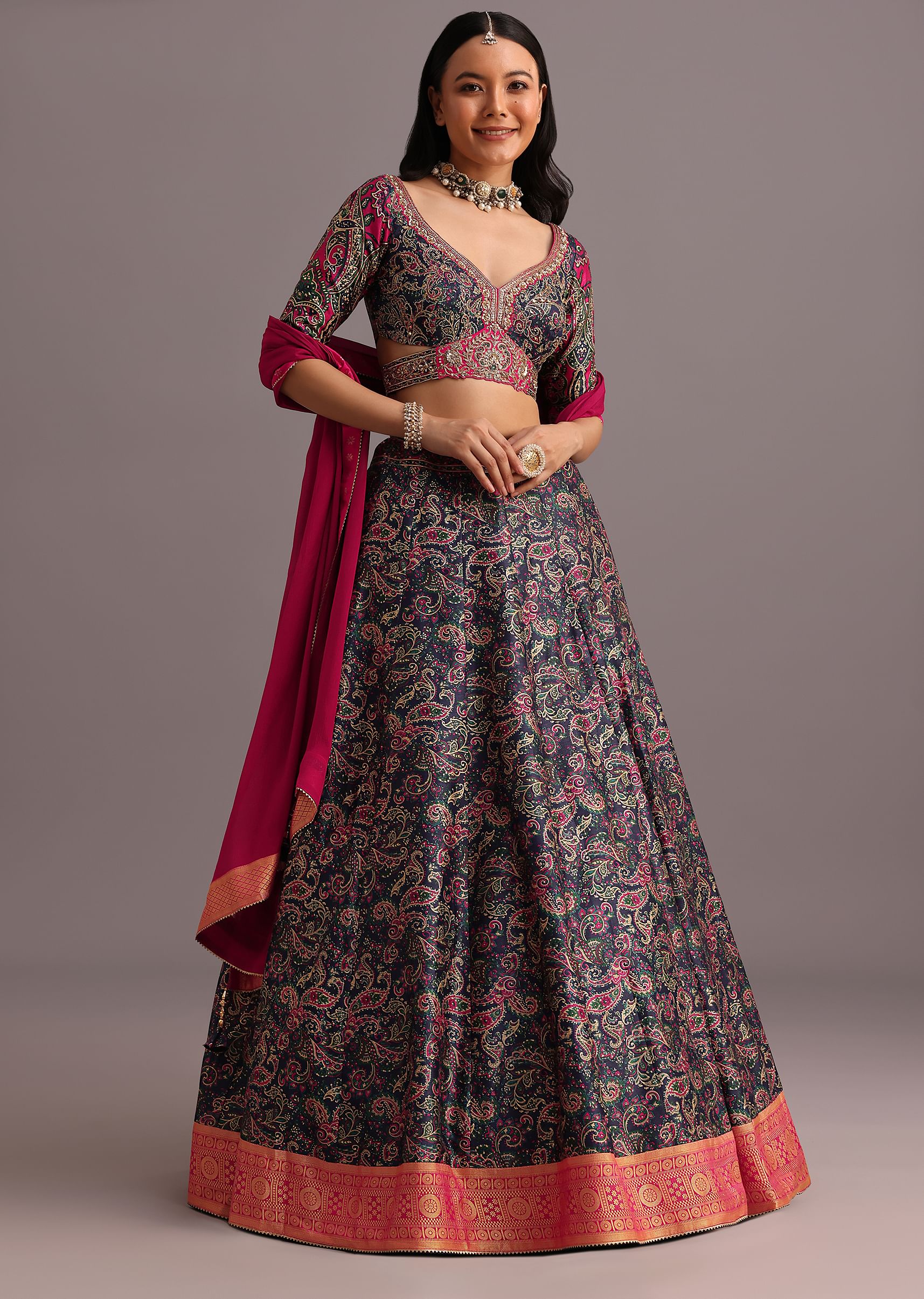 Blue Printed Lehenga Choli With Banarasi Weave Bordered Dupatta - Image 3