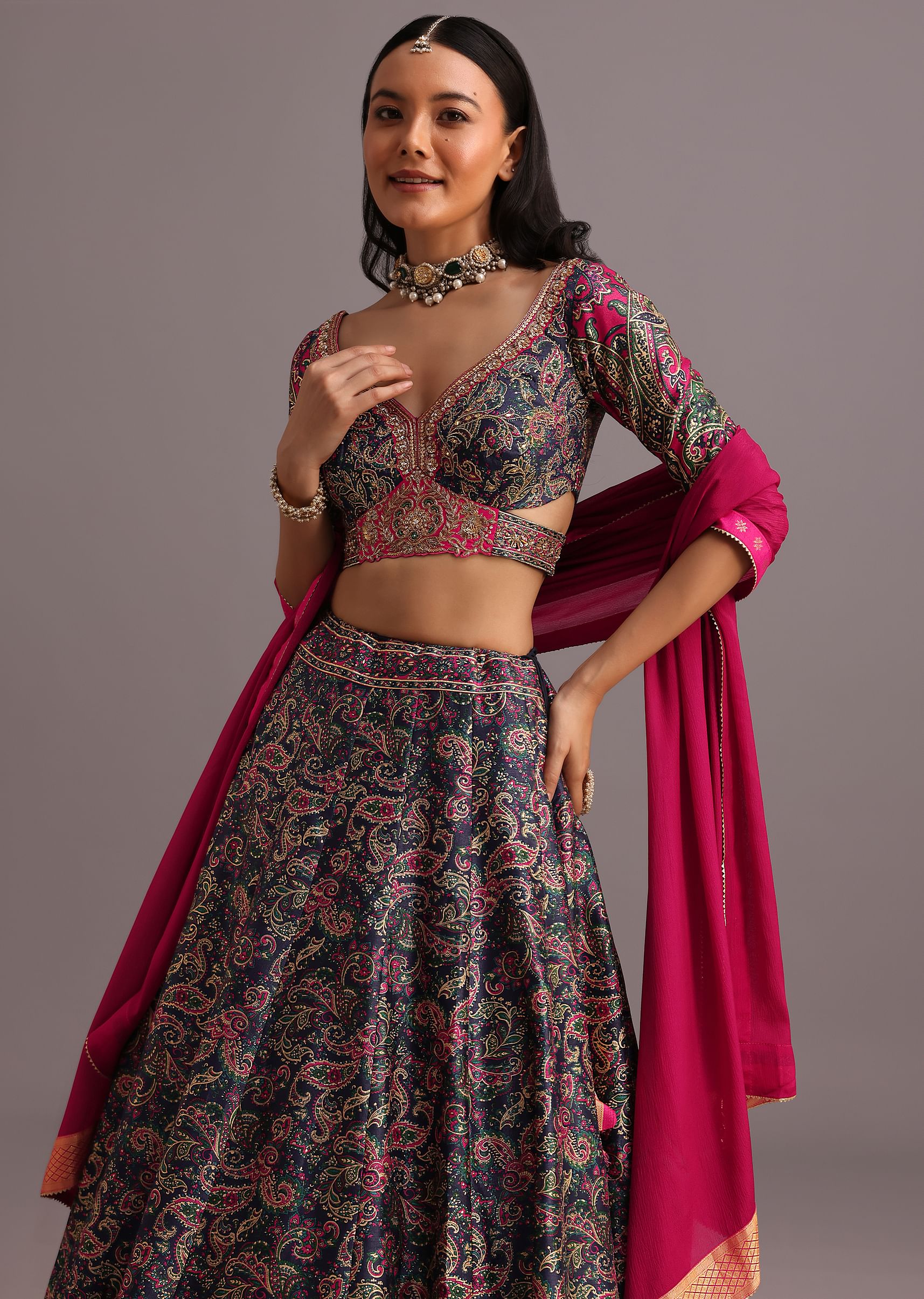 Blue Printed Lehenga Choli With Banarasi Weave Bordered Dupatta - Image 4