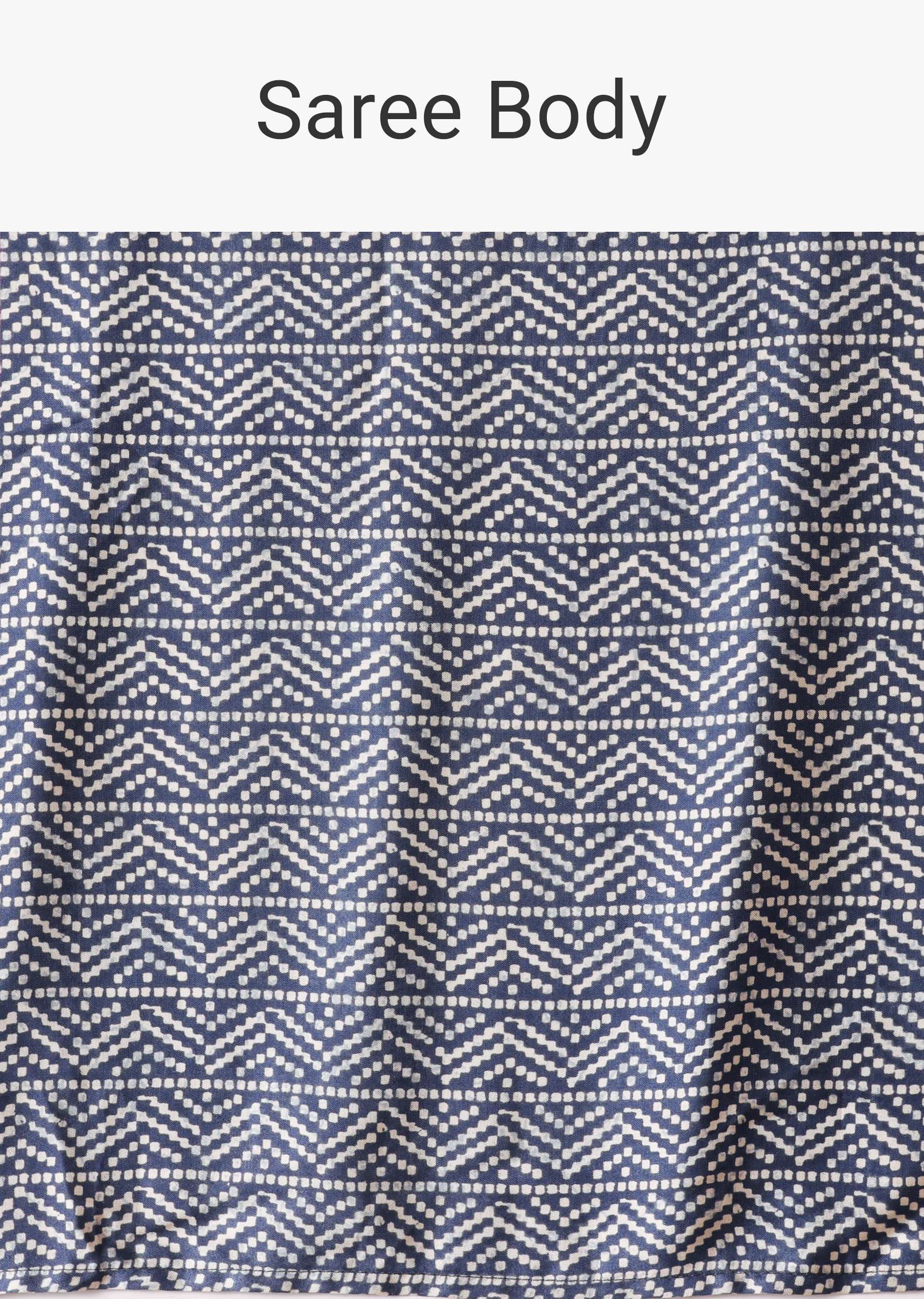 Blue Printed Saree In Satin With Tassel Detail And Unstitched Blouse Fabric - Image 9