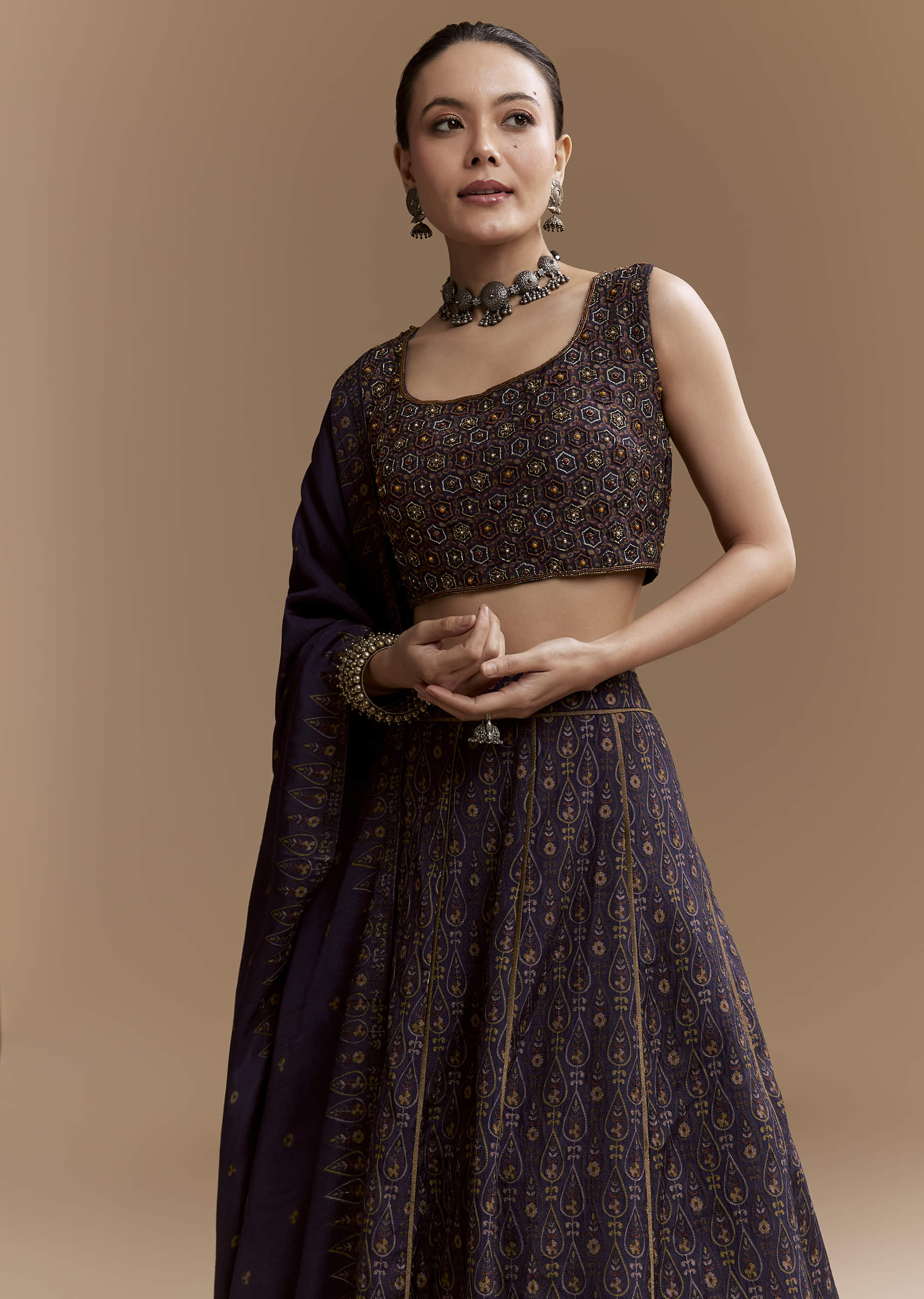 Blue Printed Silk Bridesmaid Lehenga Set with Cutdana Blouse - Image 5