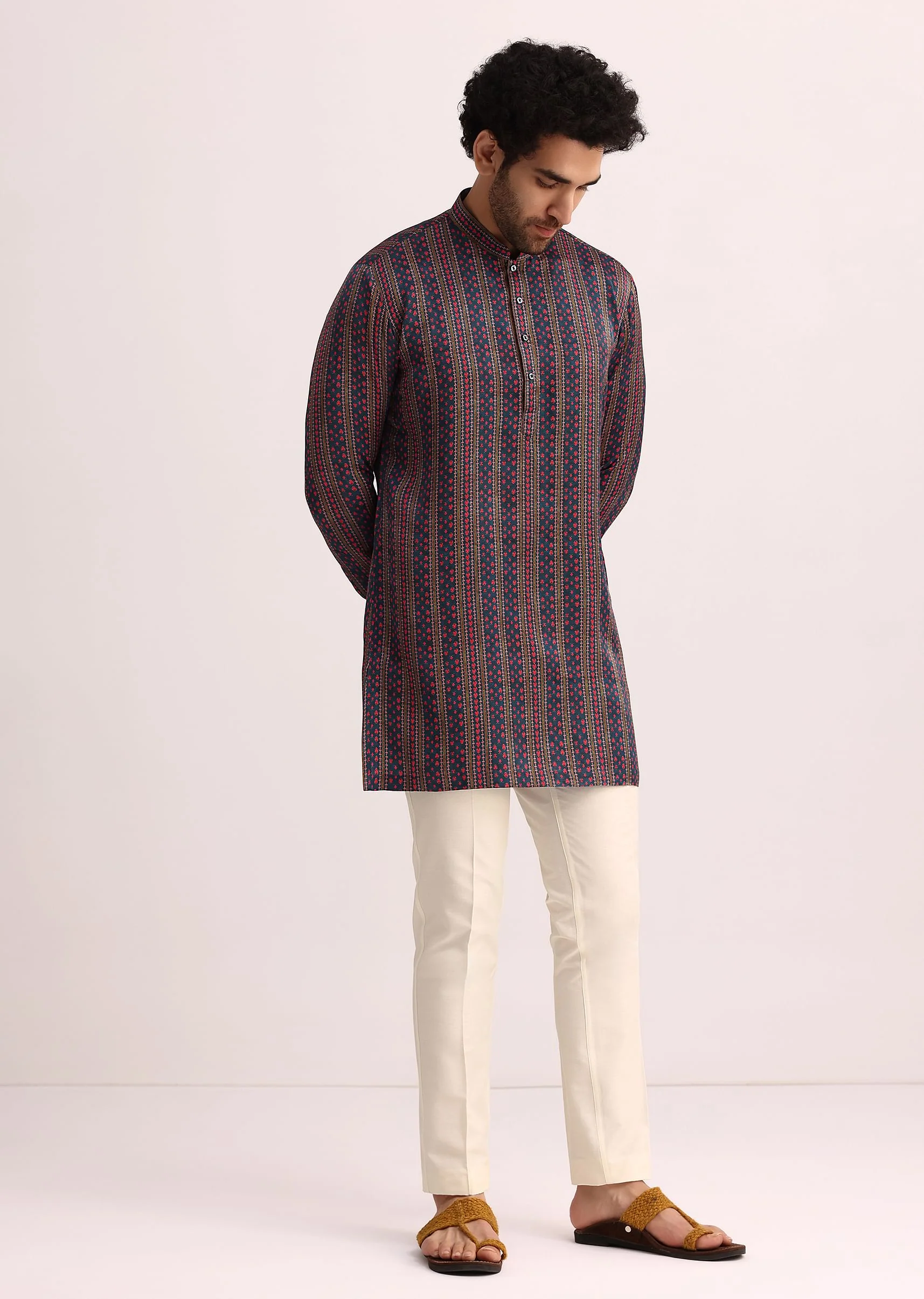 Blue Printed Stripe Kurta in Silk