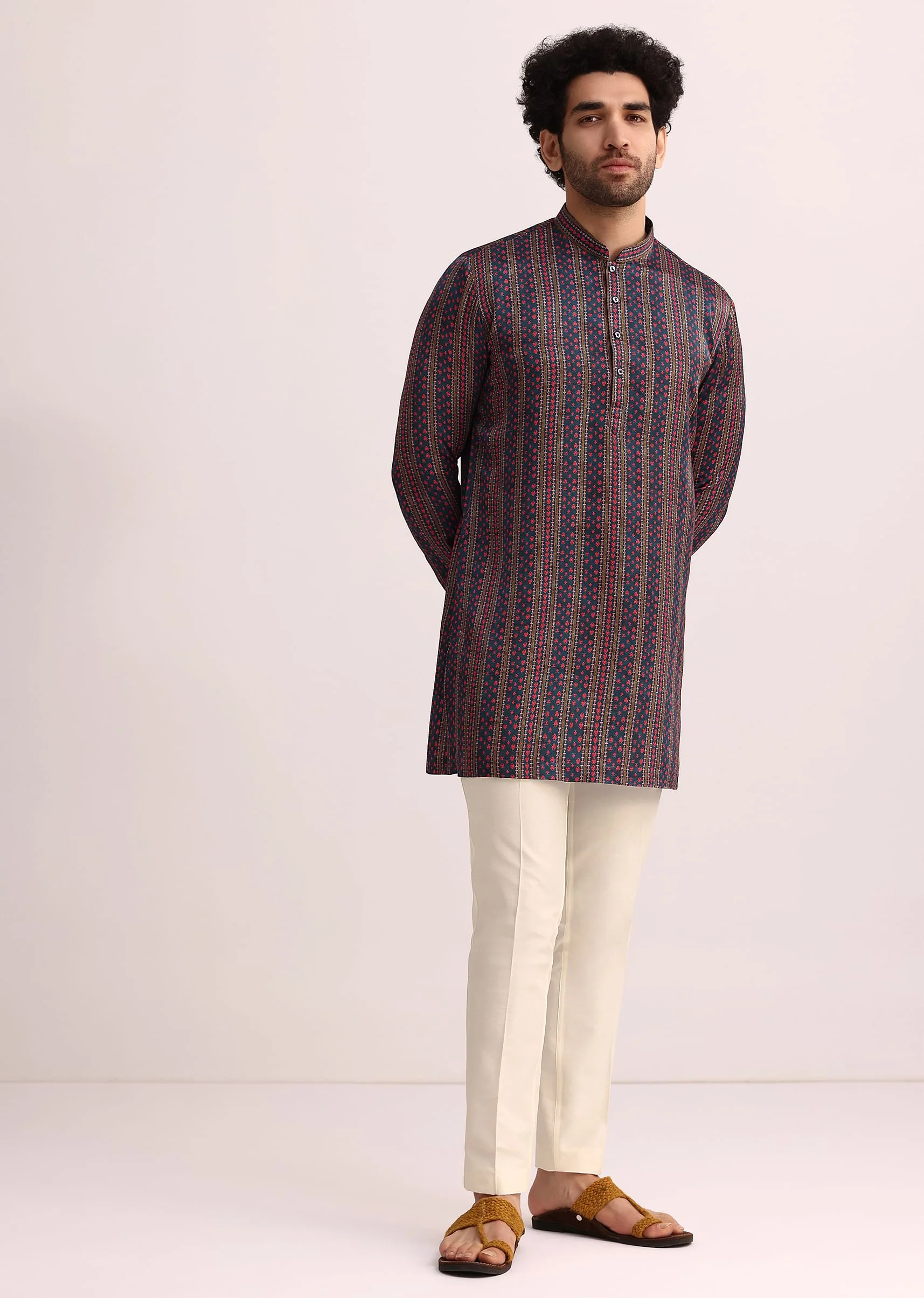Blue Printed Stripe Kurta in Silk - Image 3