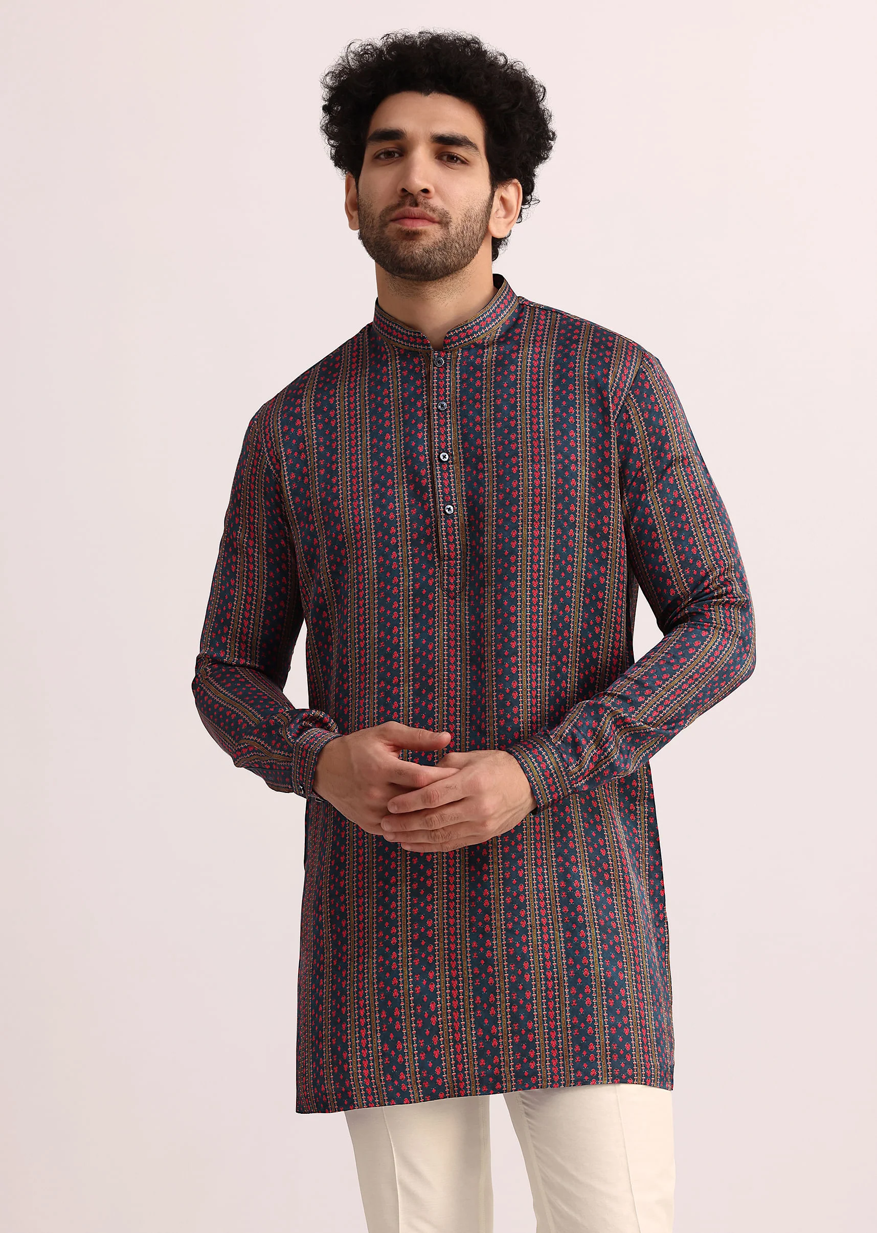 Blue Printed Stripe Kurta in Silk - Image 4