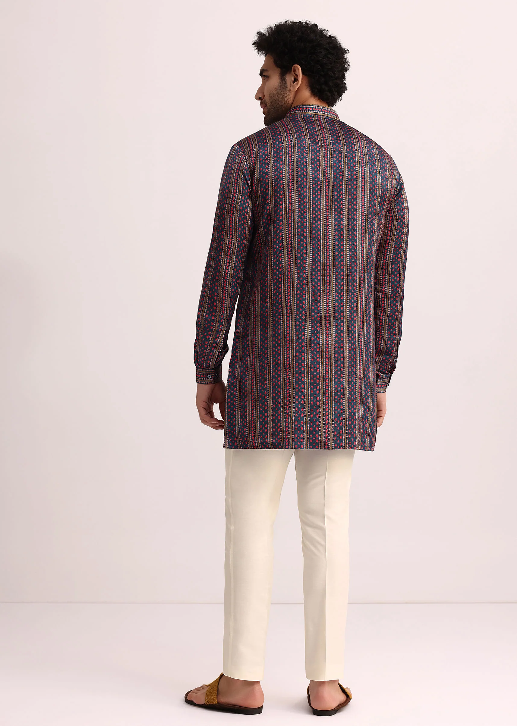 Blue Printed Stripe Kurta in Silk - Image 5