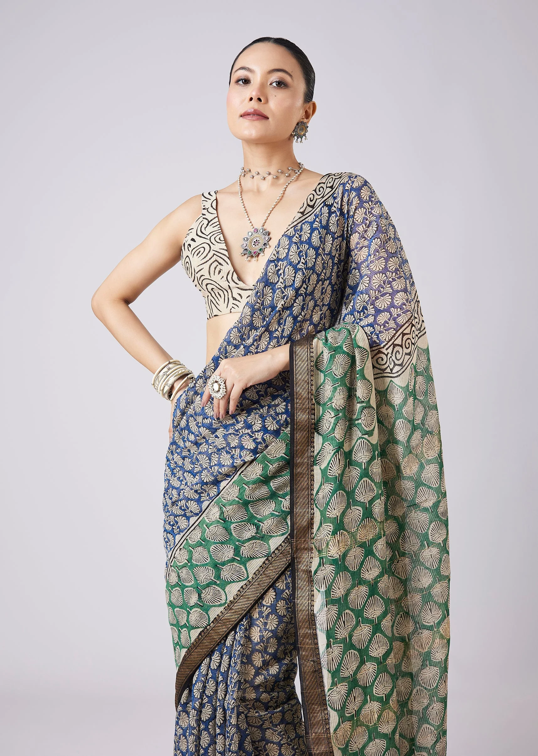 Blue Printed Tassel Border Saree with Unstitched Blouse - Image 5