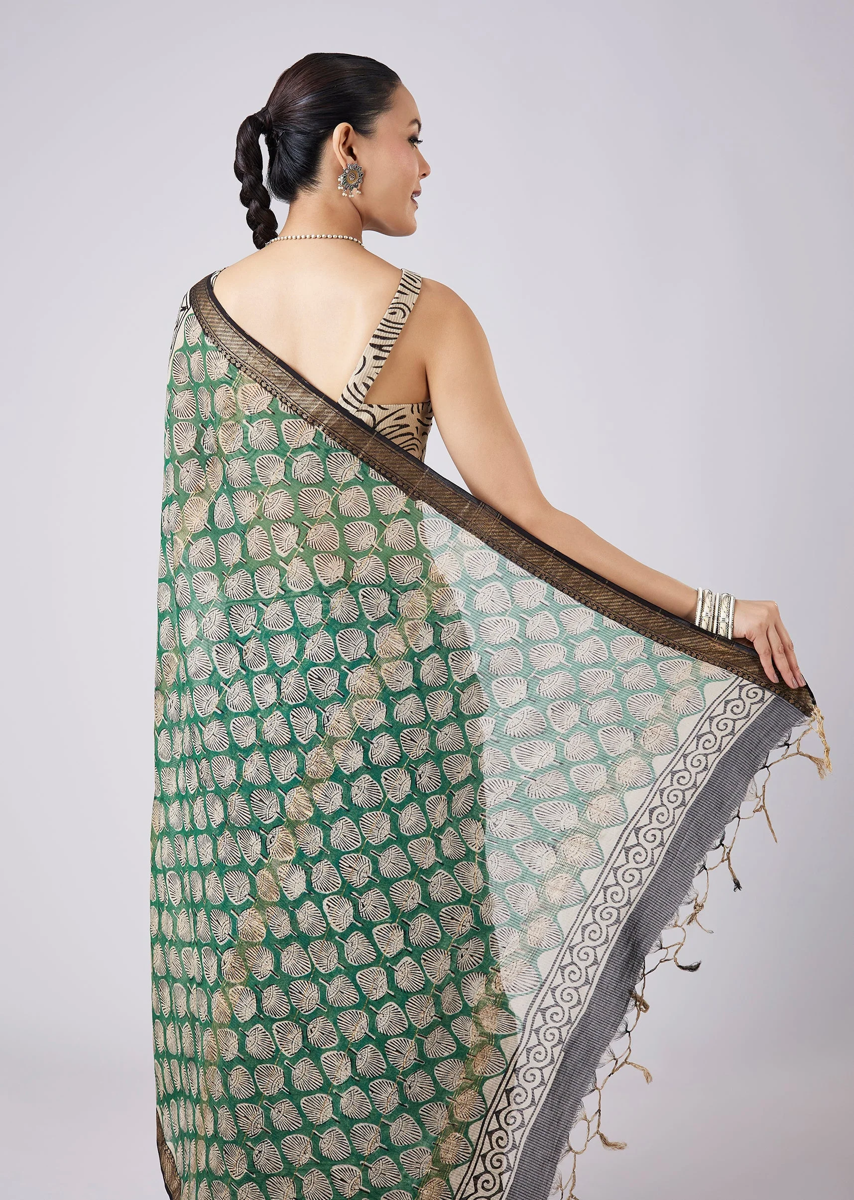 Blue Printed Tassel Border Saree with Unstitched Blouse - Image 6