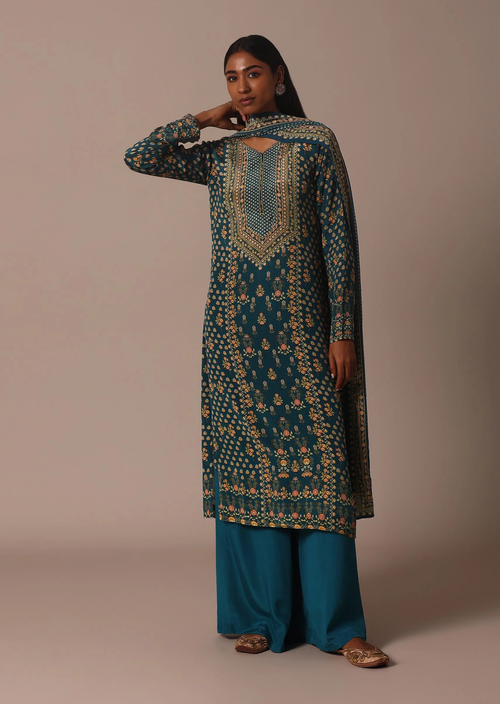 Blue Printed With Stone Detail Kurta Palazzo Set - Image 3
