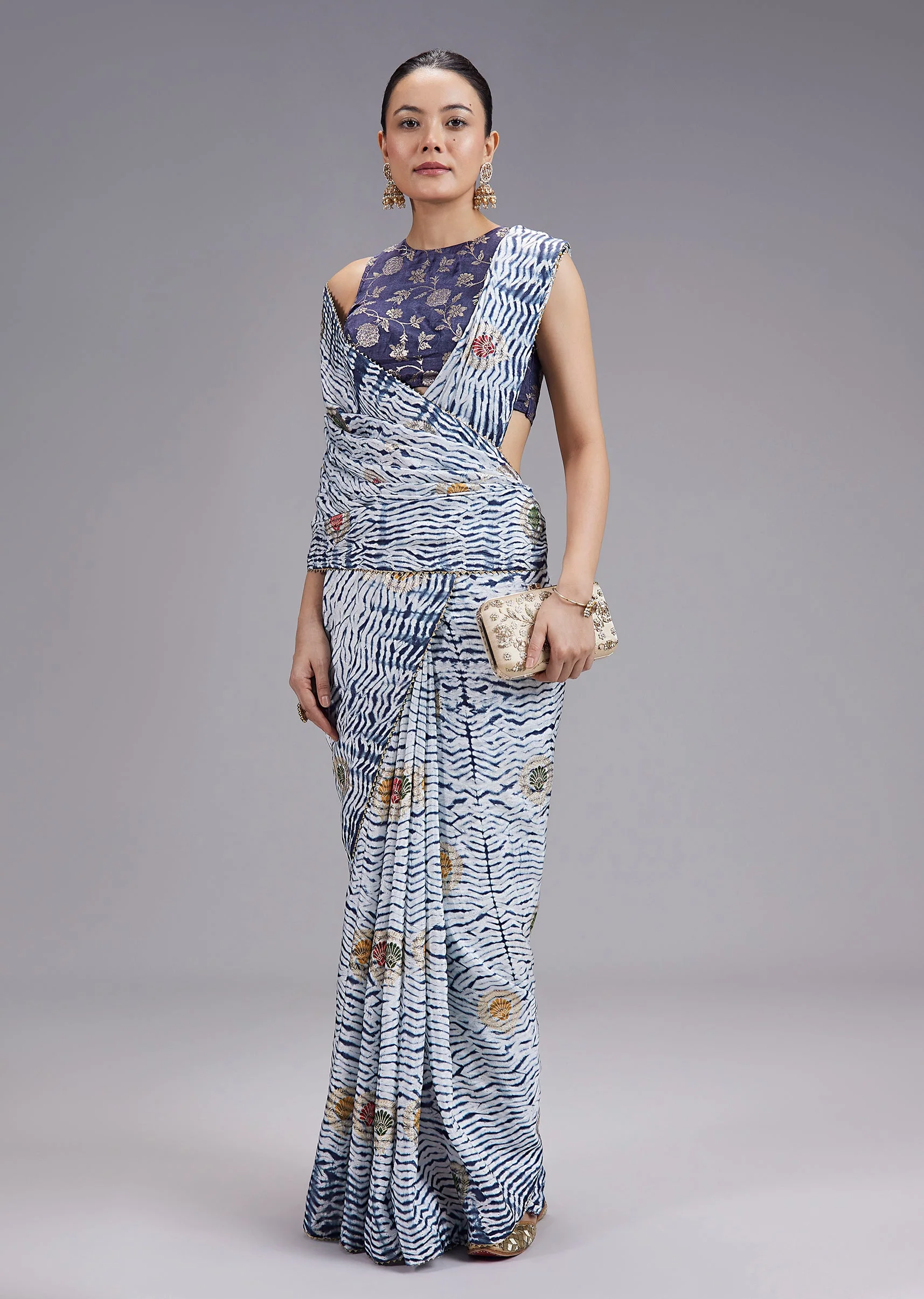 Blue Pure Shibori TieDye Printed Saree With Brocade Blouse - Image 3