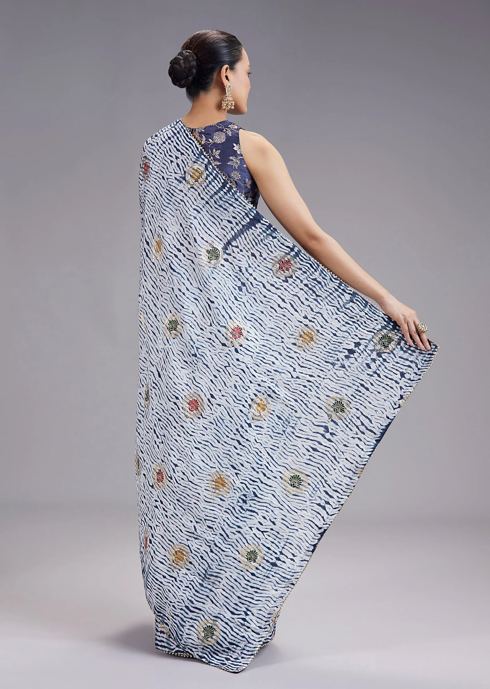 Blue Pure Shibori TieDye Printed Saree With Brocade Blouse - Image 4
