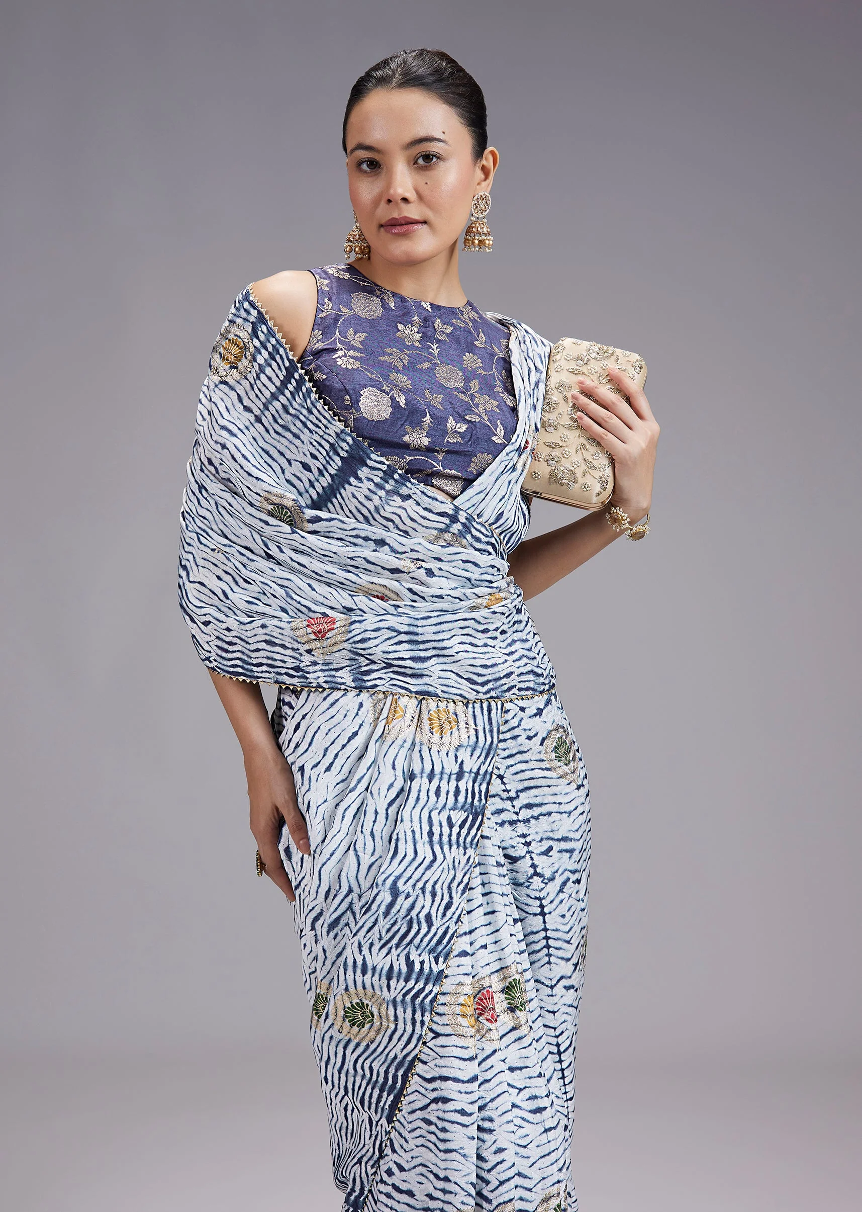 Blue Pure Shibori TieDye Printed Saree With Brocade Blouse - Image 5