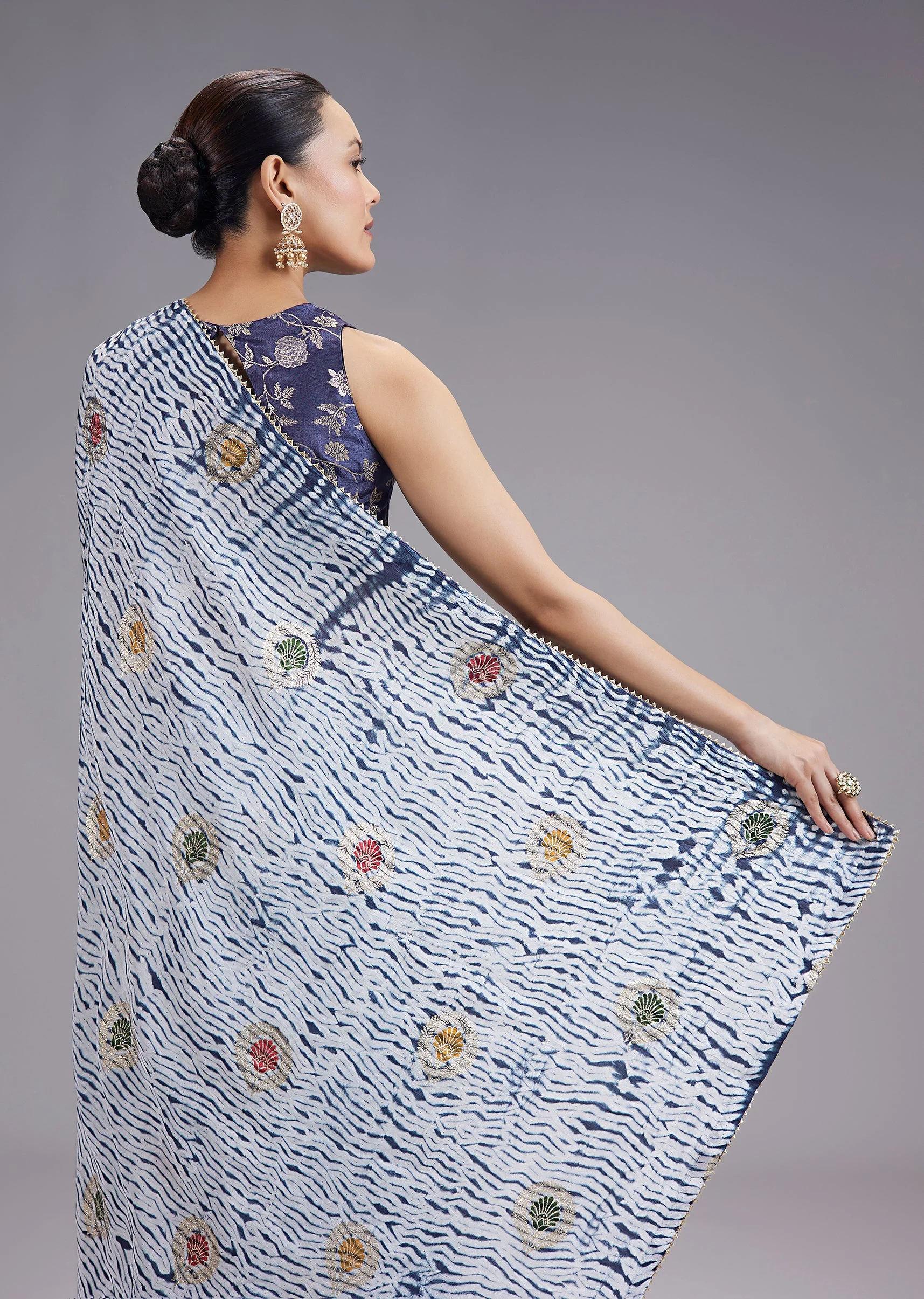 Blue Pure Shibori TieDye Printed Saree With Brocade Blouse - Image 6