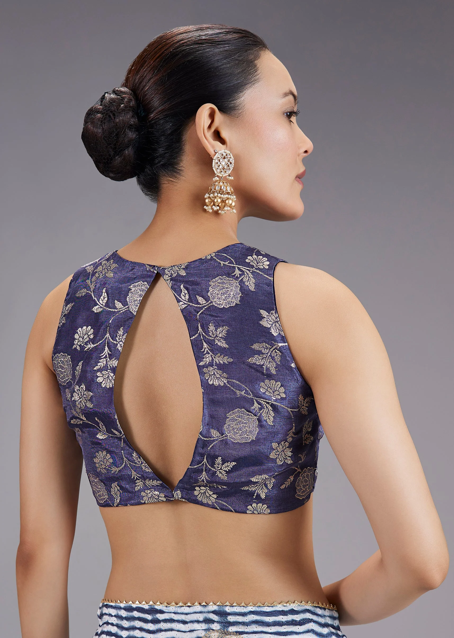 Blue Pure Shibori TieDye Printed Saree With Brocade Blouse - Image 8