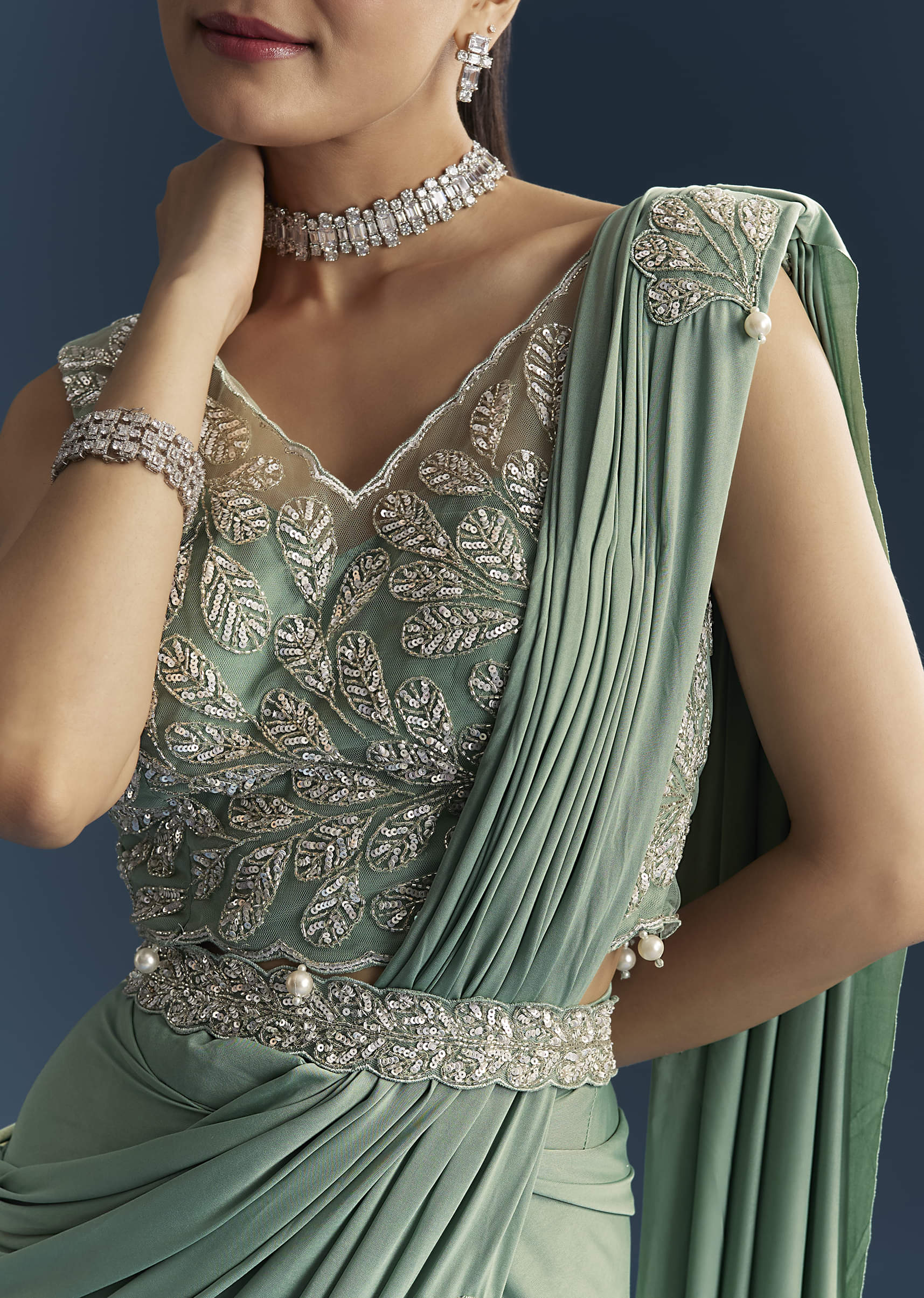 Blue Ready Pleated Saree With Cutdana And Sequins Work - Image 2