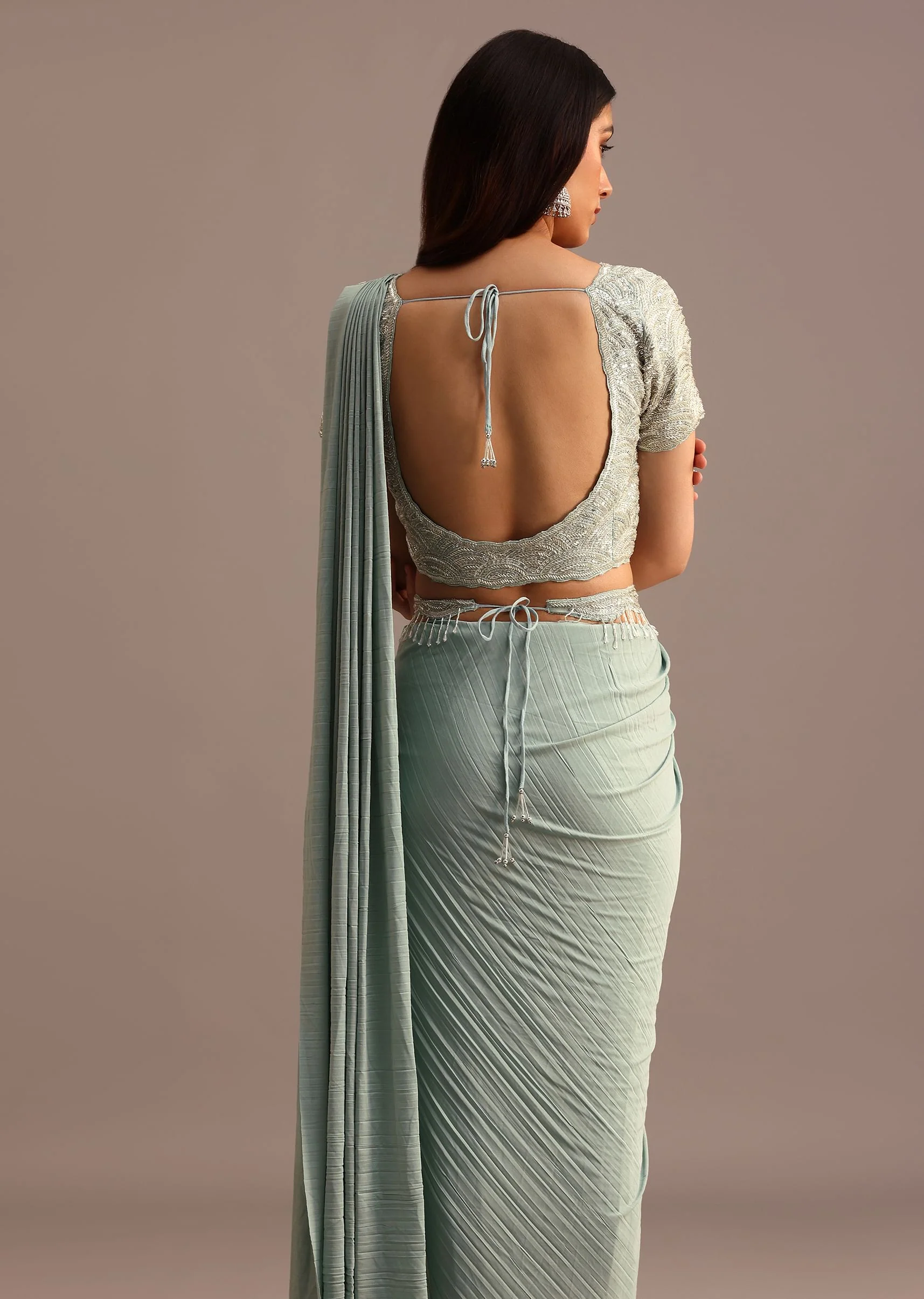 Blue Ready Pleated Saree With Embroidered Blouse - Image 4