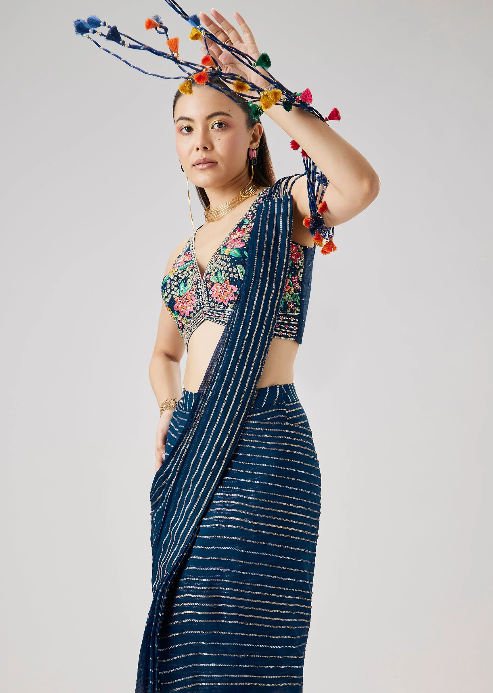 Blue Ready Pleated Saree With Resham Embroidered Blouse - Image 4