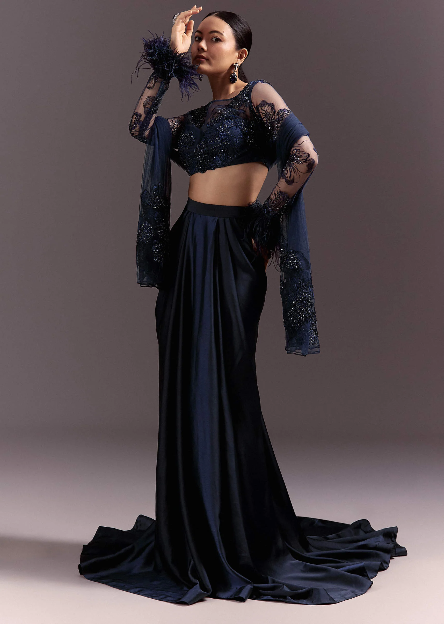 Blue Ready To Wear Saree With Full Sleeve Net Blouse - Image 3