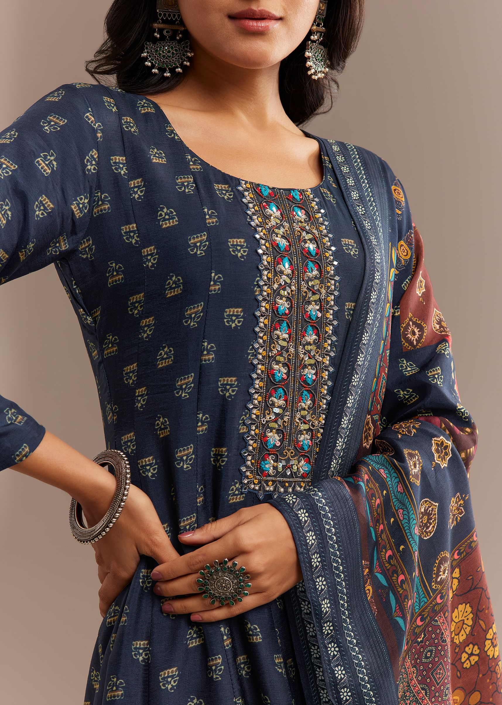 Blue Roman Silk Printed Anarkali Set - Image 2