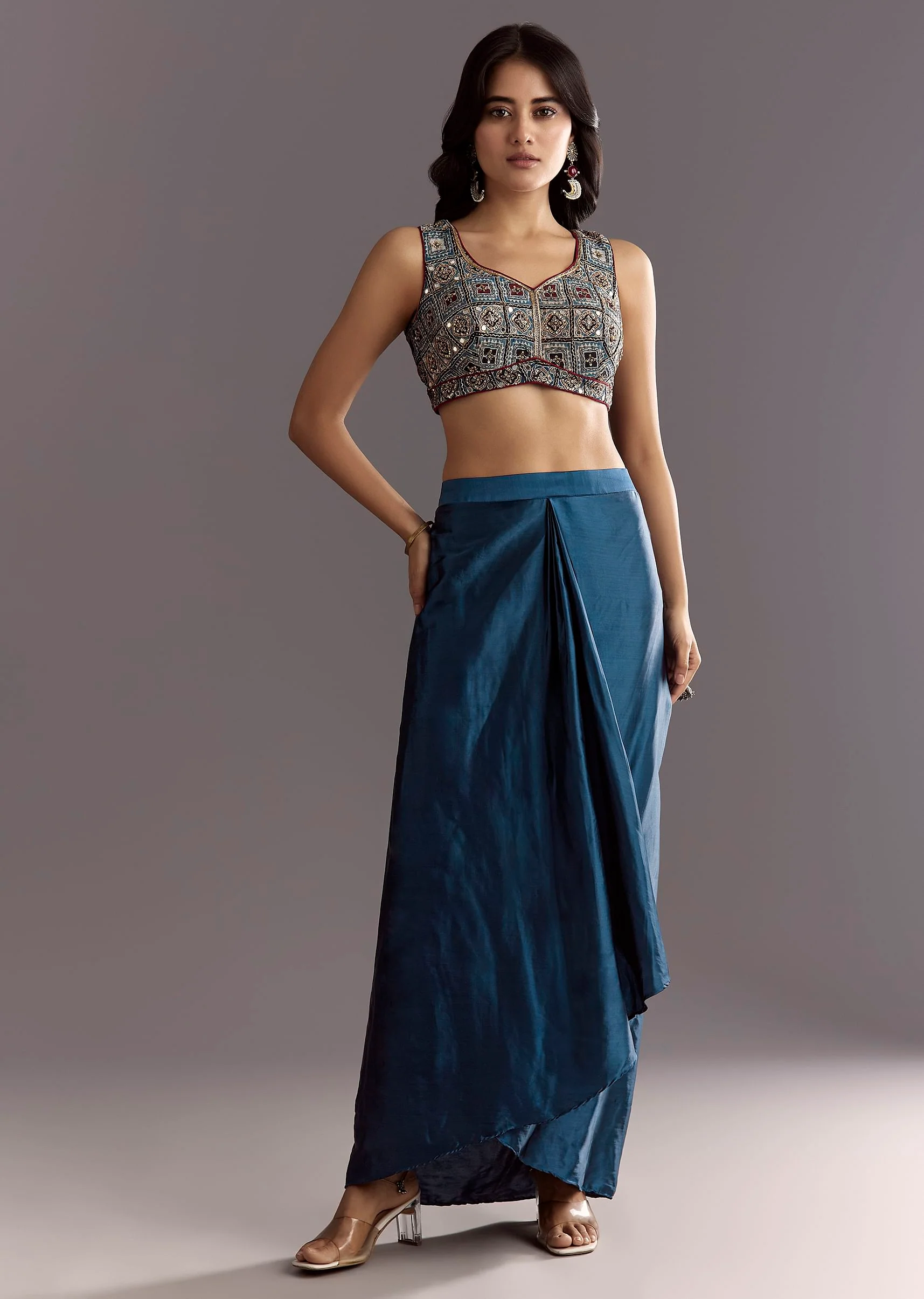Blue Satin Ajrakh Printed Indowestern Croptop Jacket With Mirror Work - Image 5