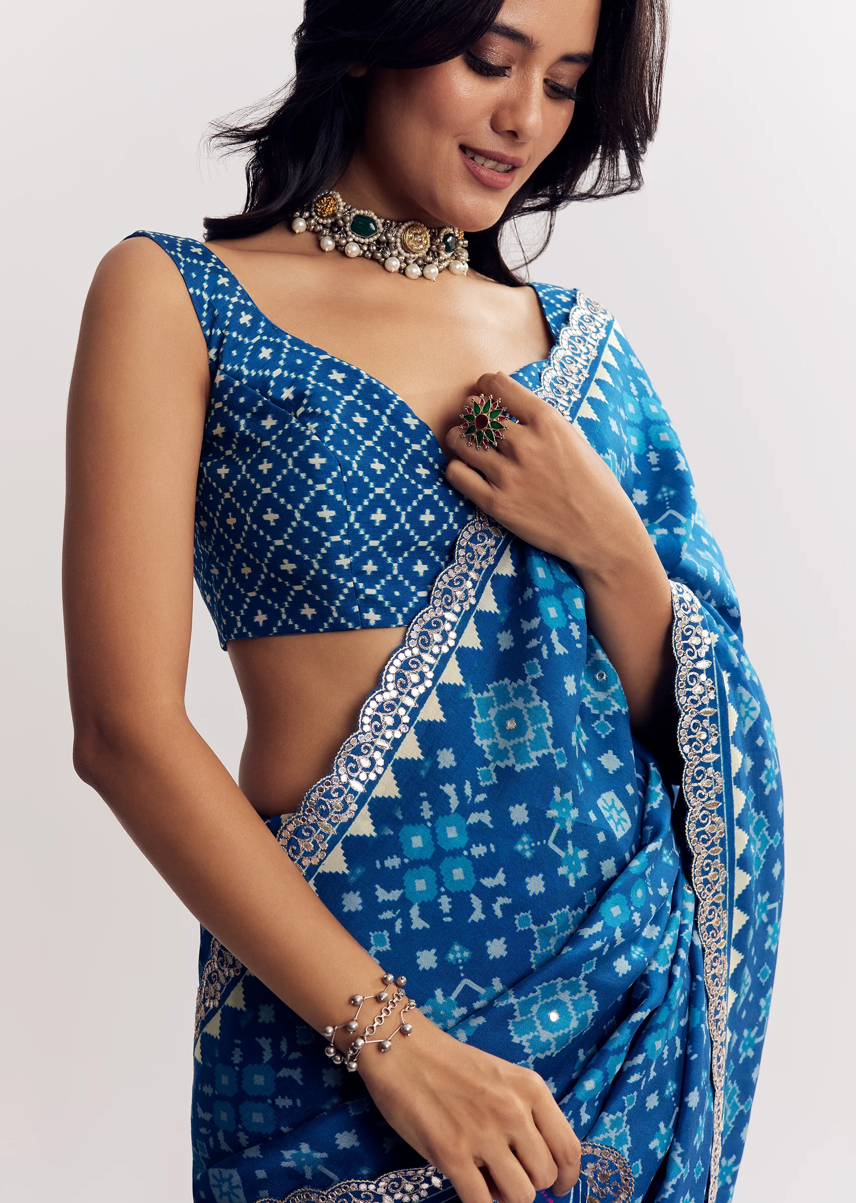 Blue Satin Ikat Printed Saree With Gota And Mirror Embroidery - Image 5