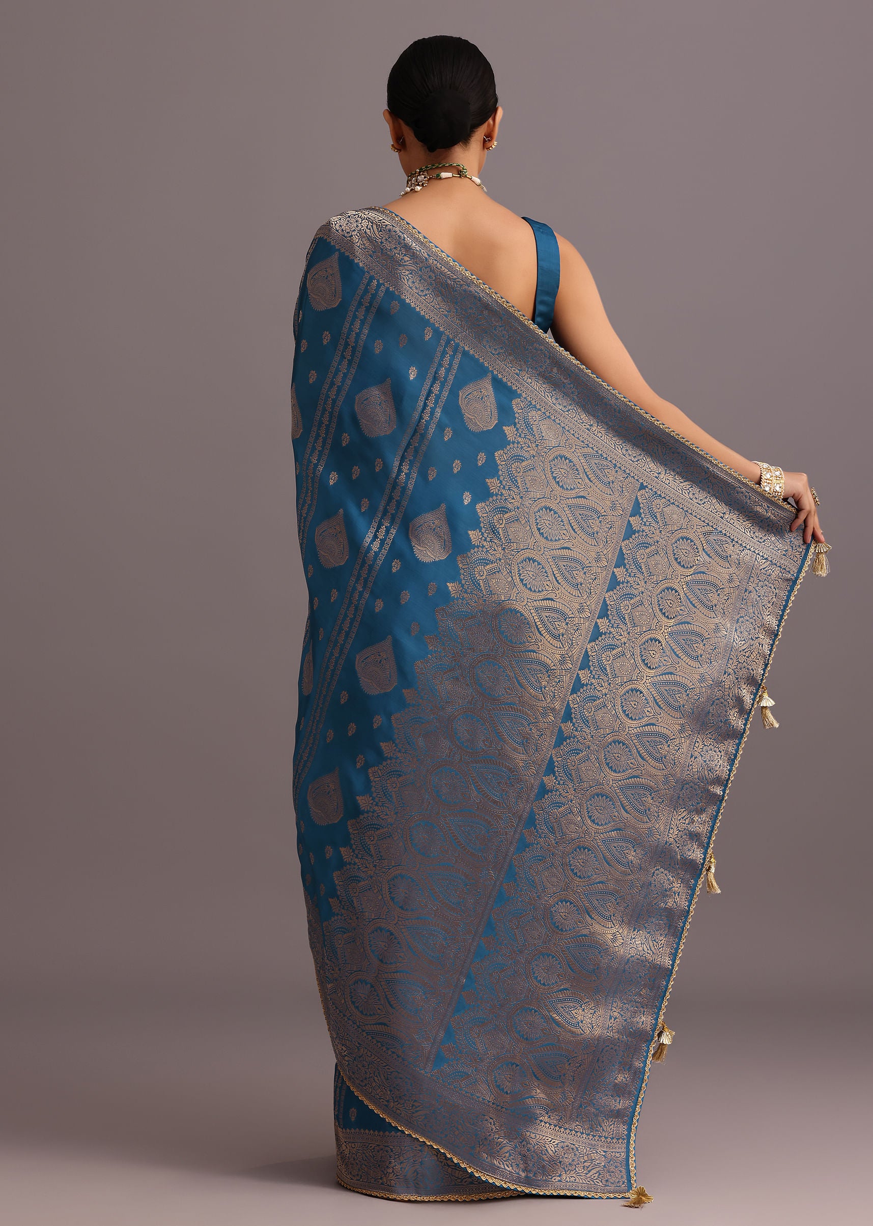 Blue Satin Silk Zari Woven Saree With Brocade Border - Image 6