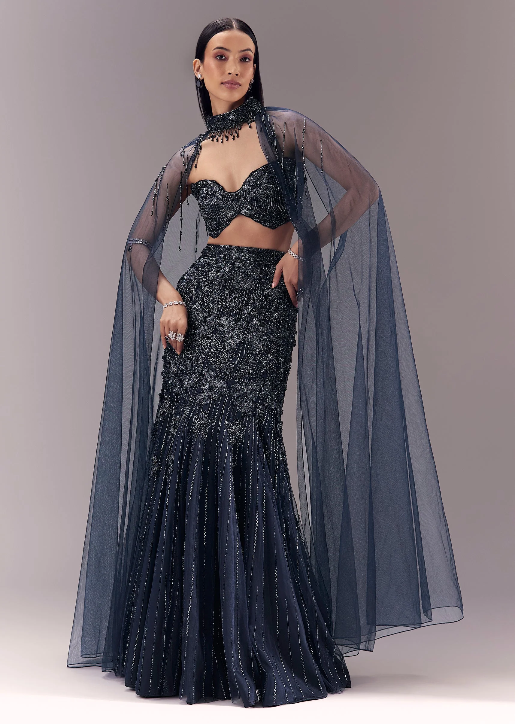 Blue Sequin Embellished And Lehenga Set - Image 4