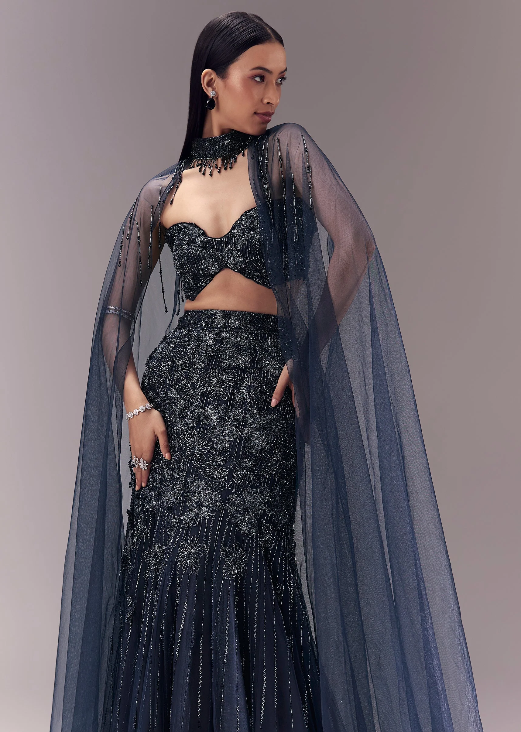 Blue Sequin Embellished And Lehenga Set - Image 6