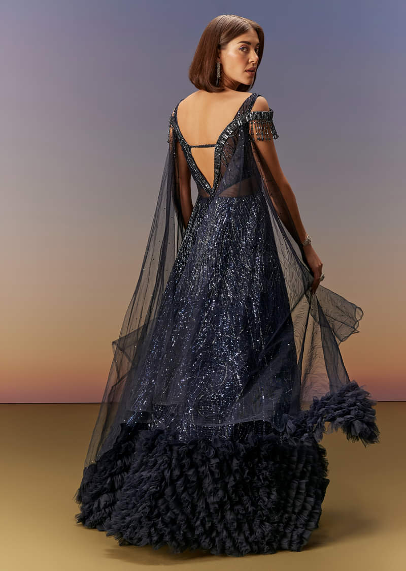 Blue Sequin Embroidered Gown With Tassel Detailing - Image 2