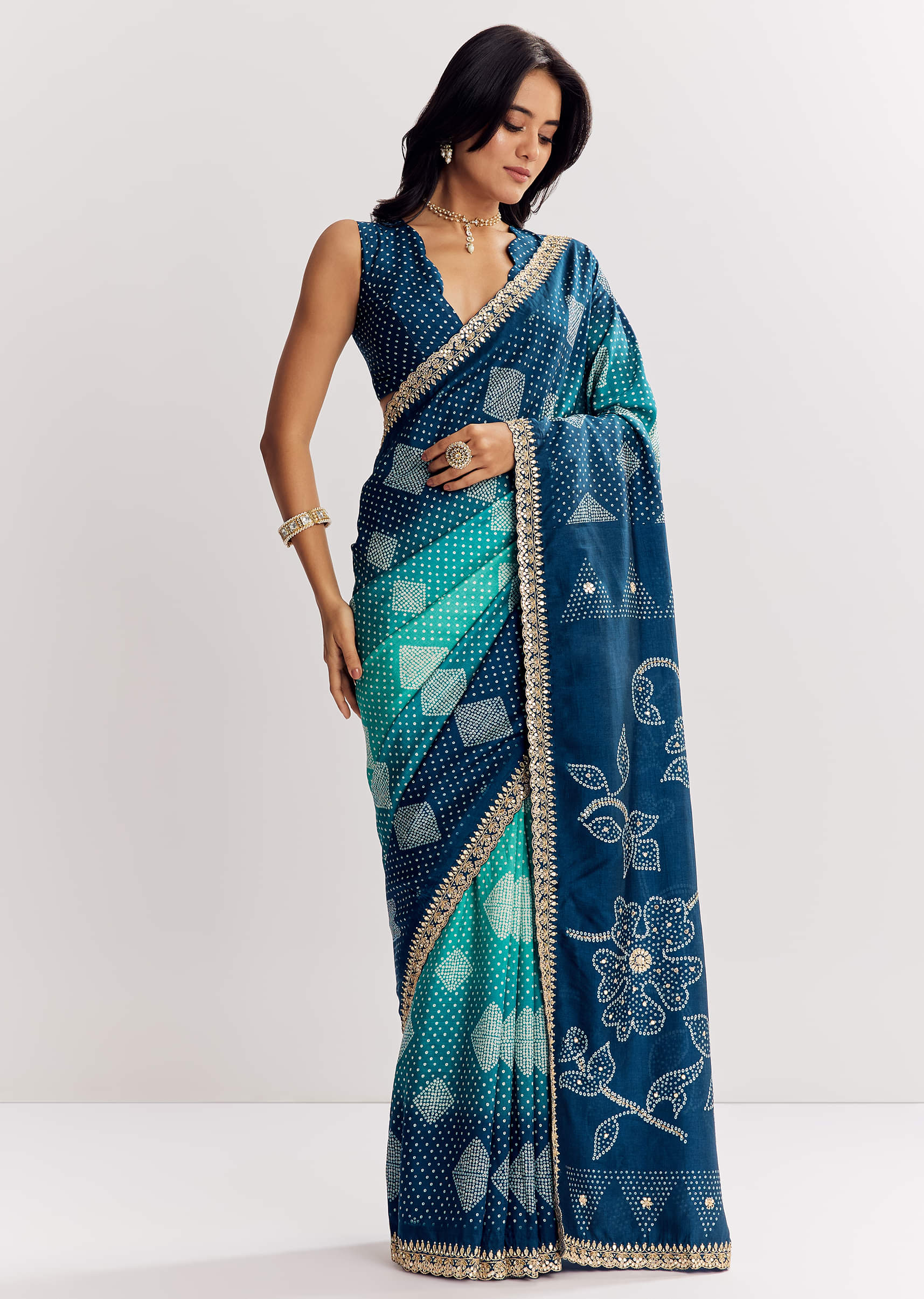 Blue Shaded Muslin Printed Saree With Embellishments - Image 3