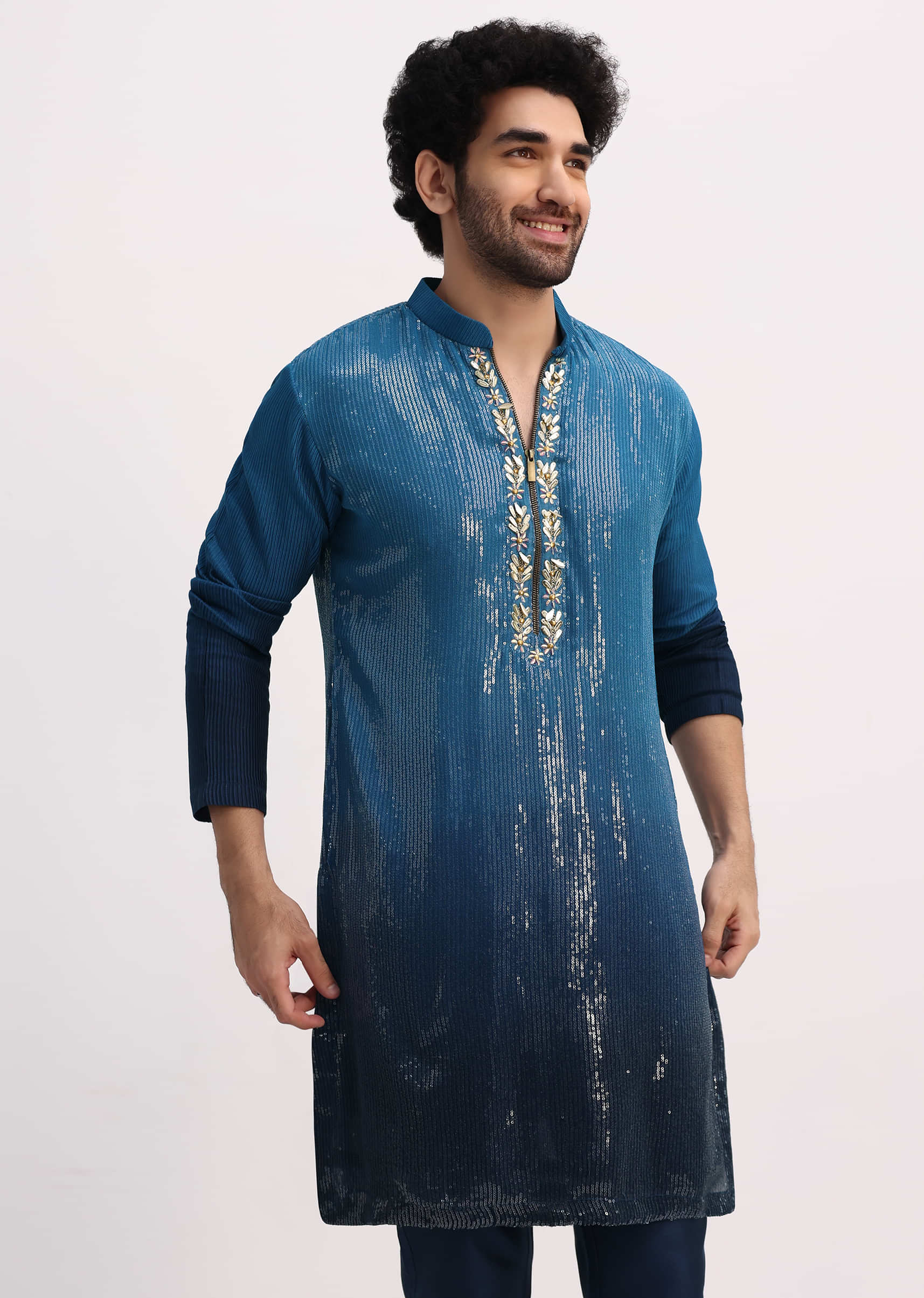 Blue Shaded Sequin Zipper Kurta With Navy Blue Pants - Image 3