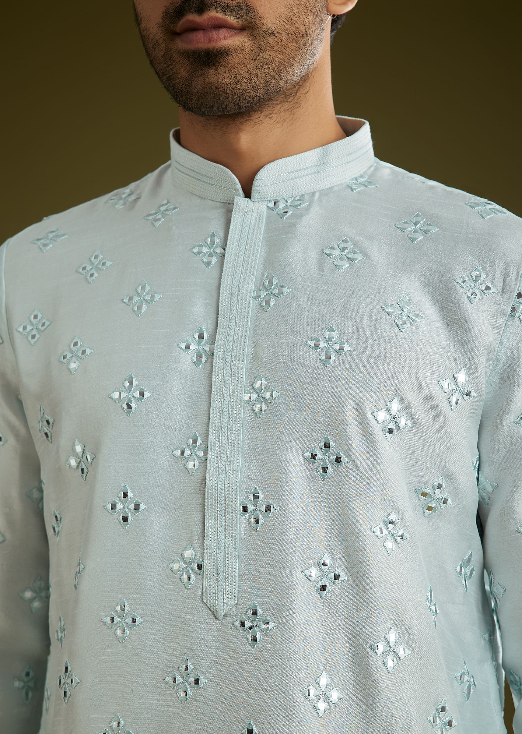 Blue Silk Blend Kurta Set With Mirror Work - Image 2