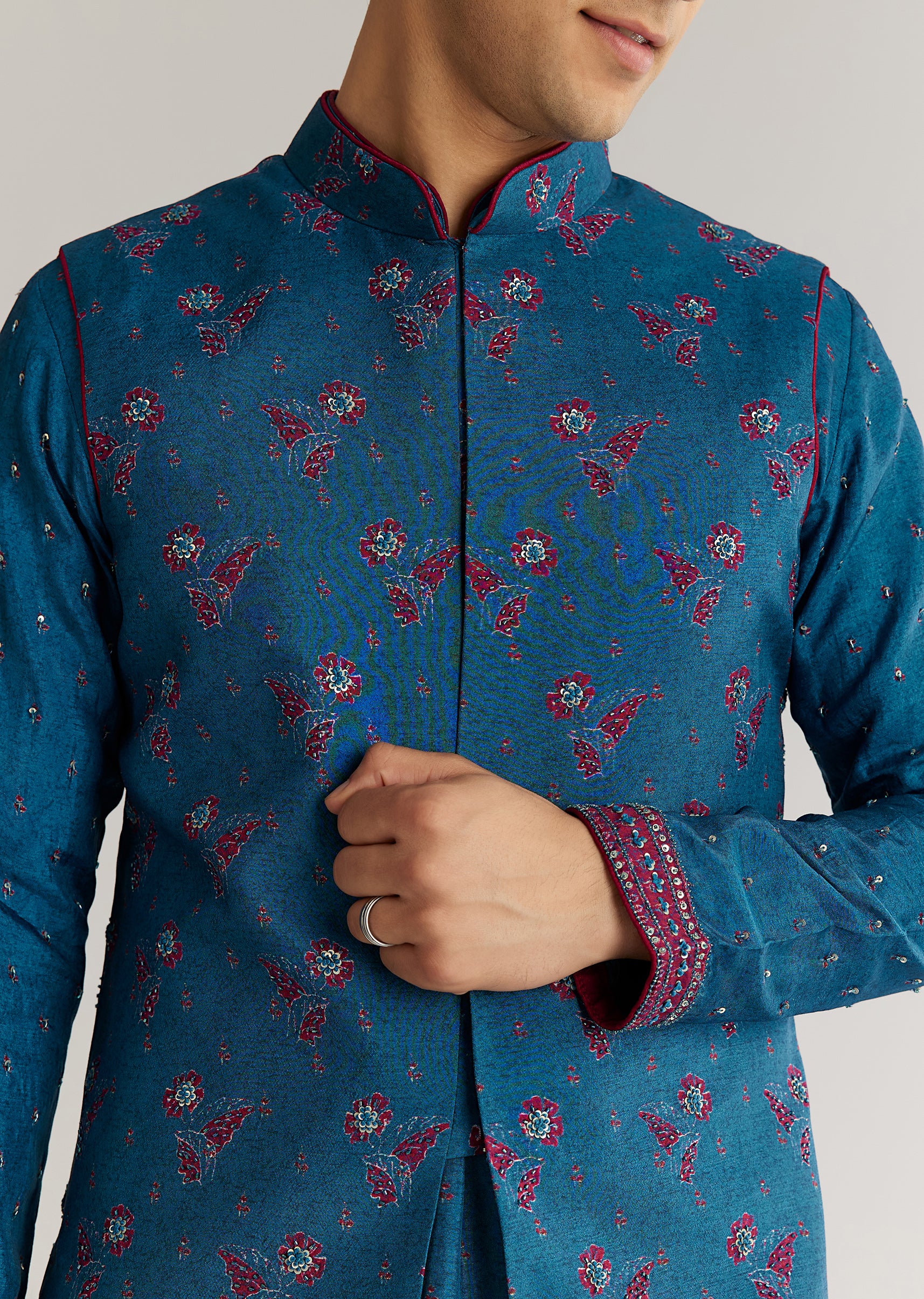 Blue Silk Cutdana Embroidered Kurta Jacket Set - Image 5