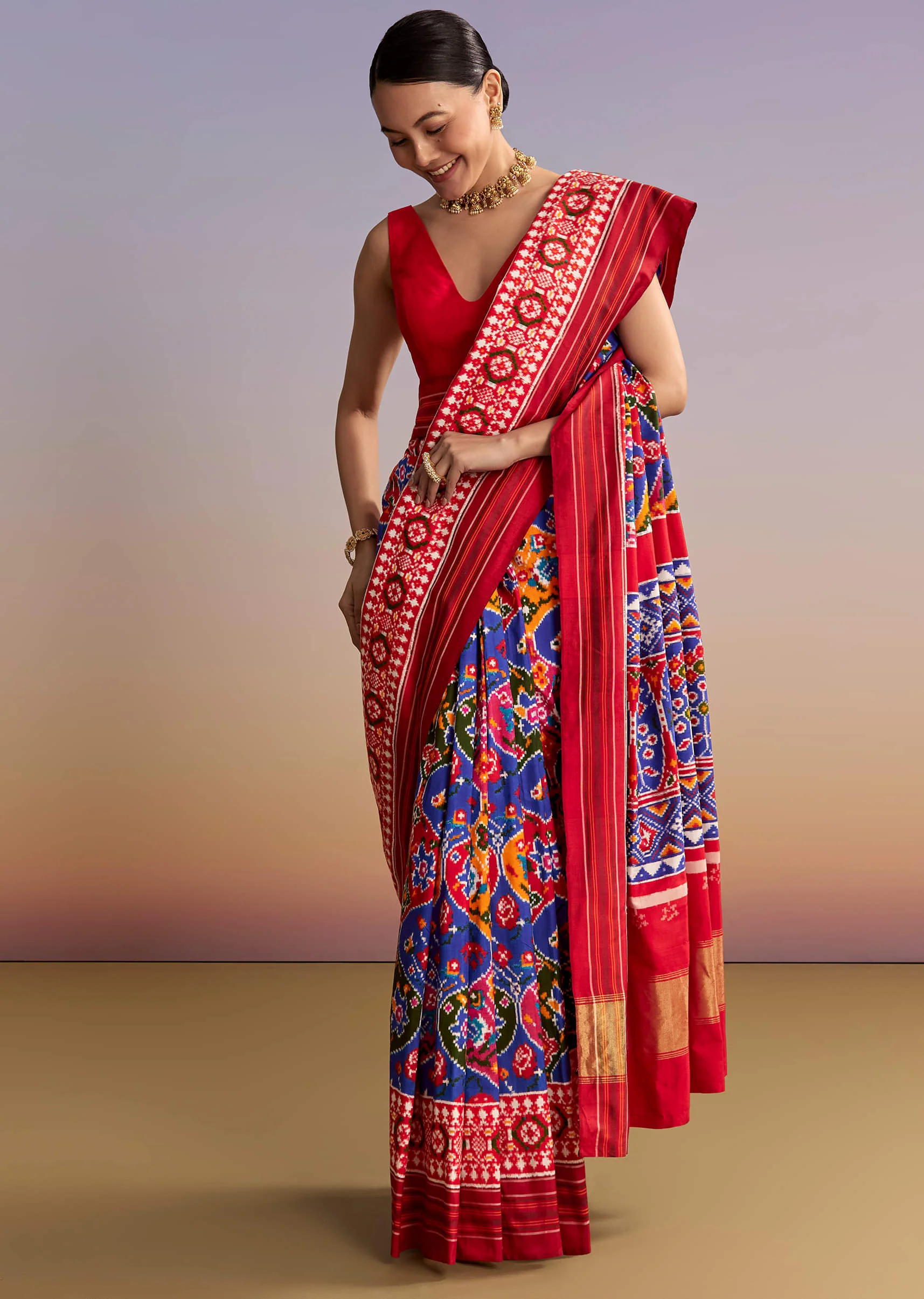 Blue Silk Double Ikkat Handwoven Patola Saree With Floral Motifs - Image 10