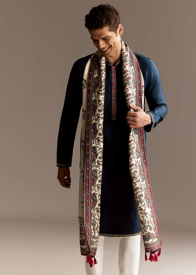 Blue Silk Embellished Kurta Set With Dupatta