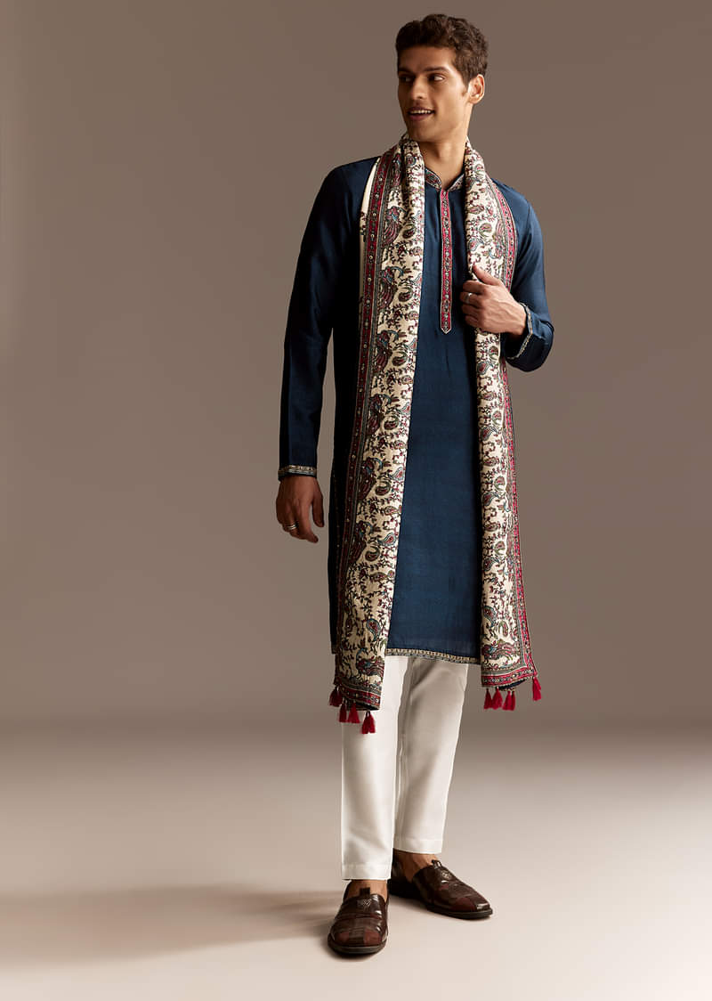Blue Silk Embellished Kurta Set With Dupatta - Image 2
