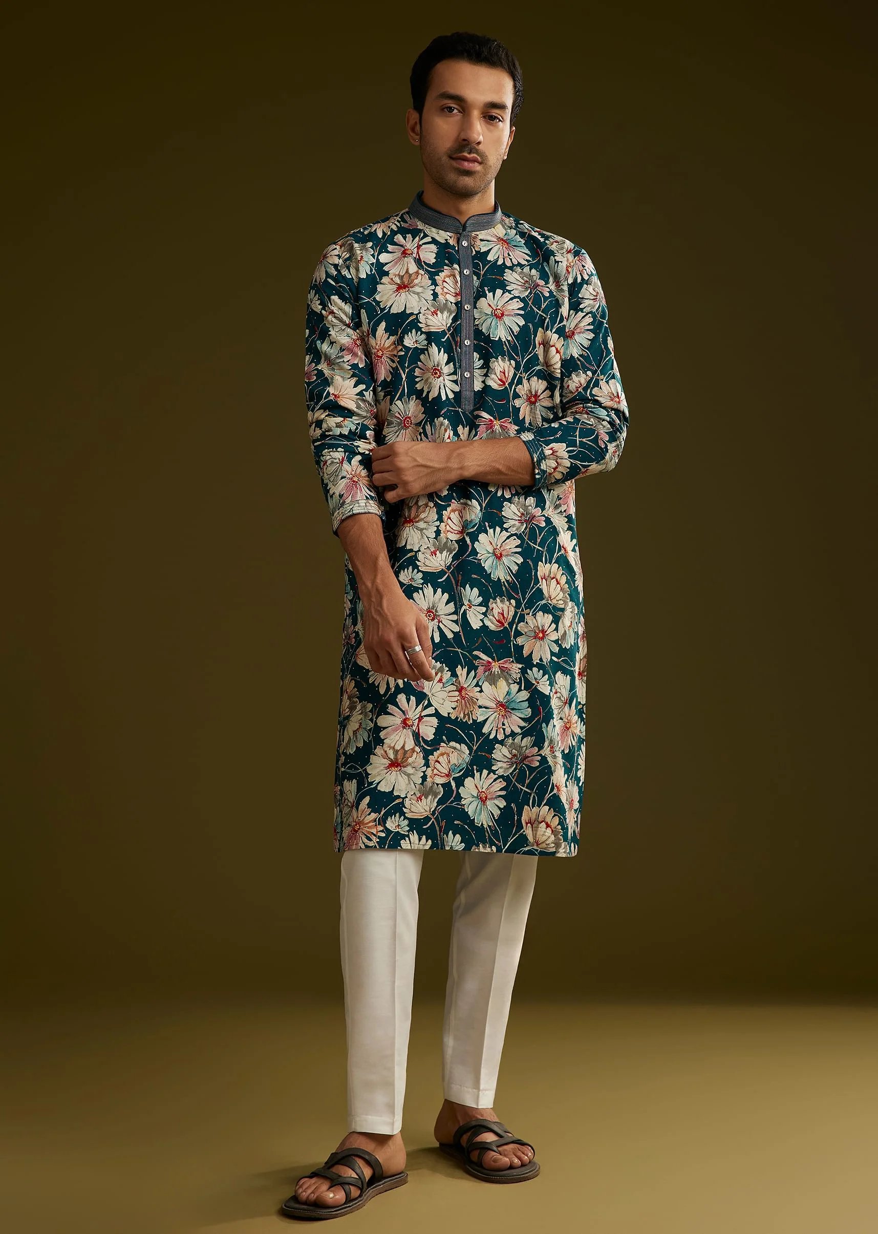 Teal Green Silk Floral Kurta Set With Stone Work - Image 3