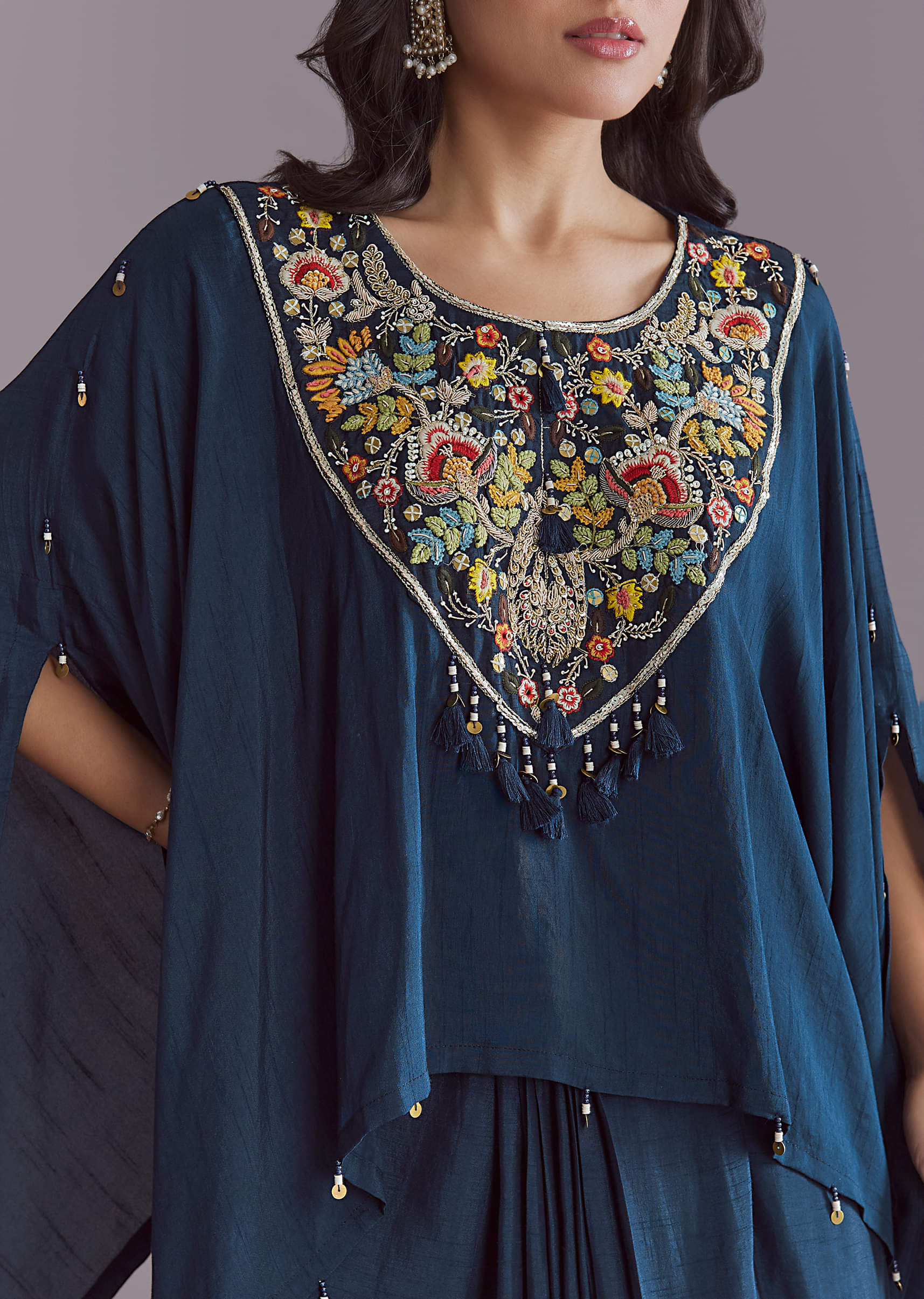 Blue Silk Kaftan Top And Drape Skirt Set With Embroidery - Image 2