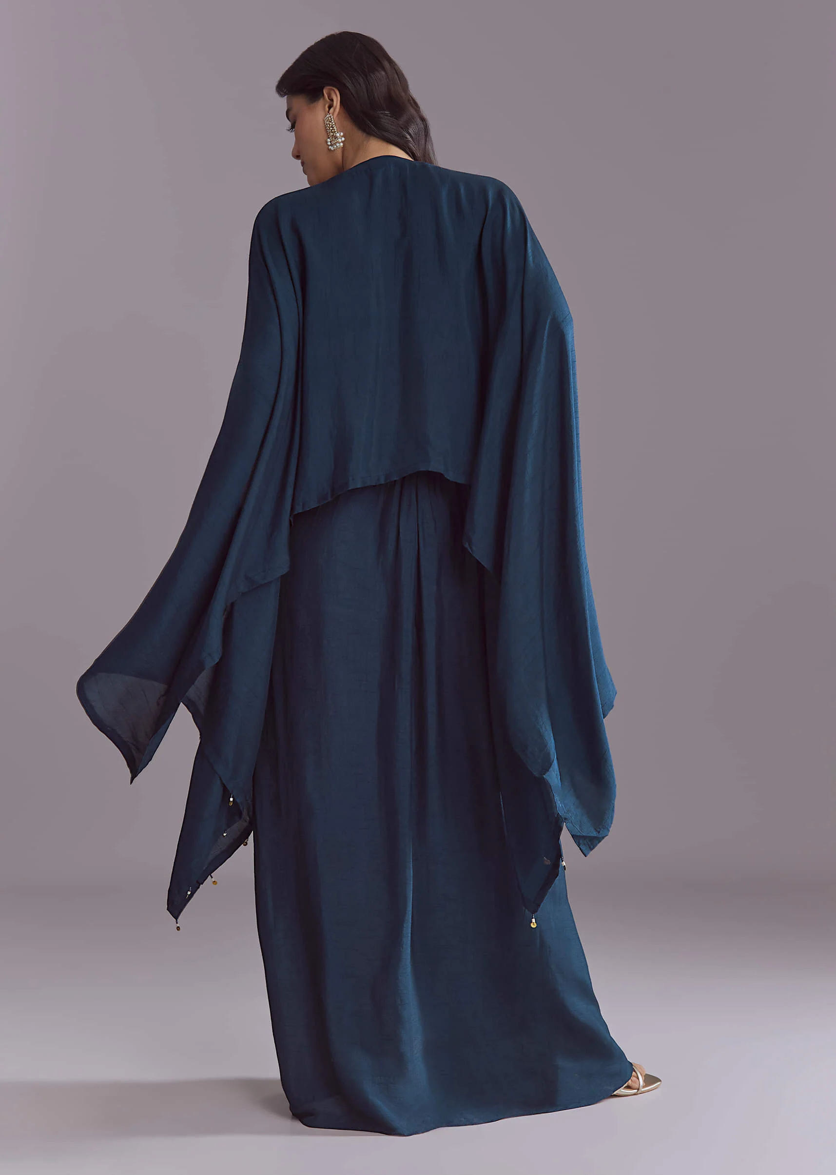 Blue Silk Kaftan Top And Drape Skirt Set With Embroidery - Image 5