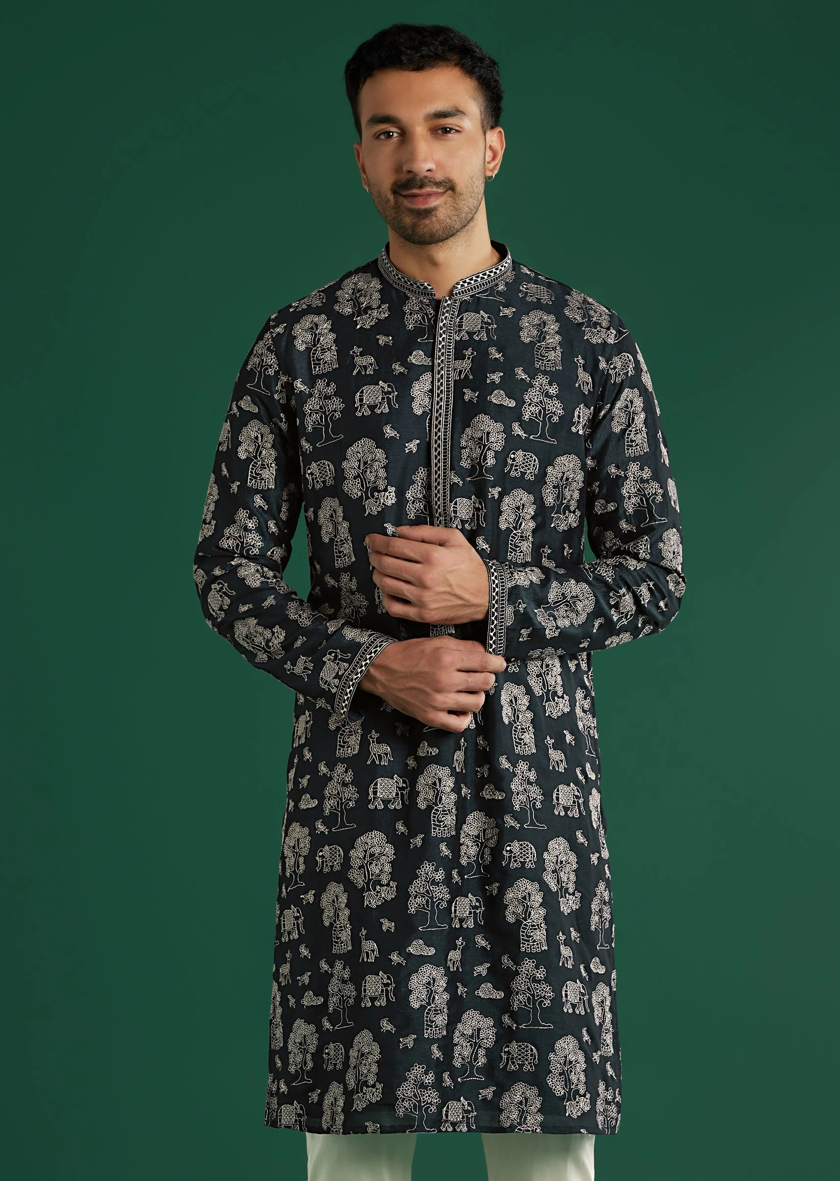 Blue Silk Kurta Set For Men With Animal Motif Thread Work - Image 4