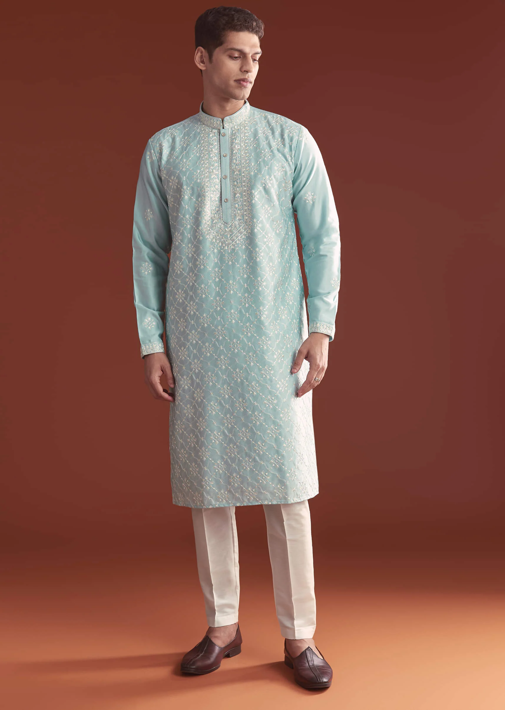 Blue Silk Kurta Set For Men With Fine Resham Embroidery - Image 2
