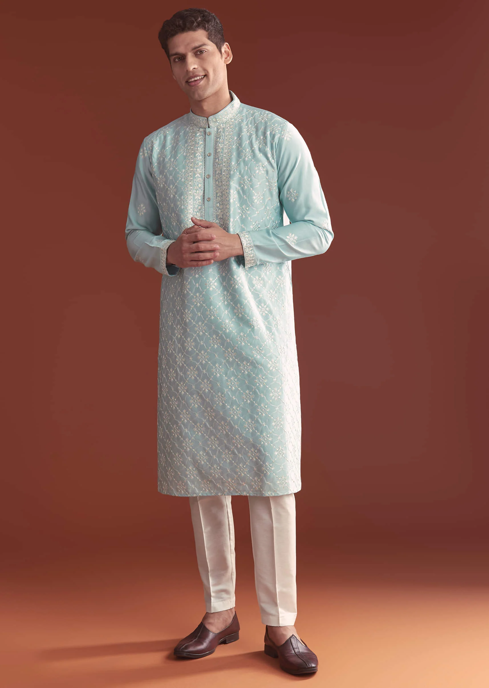 Blue Silk Kurta Set For Men With Fine Resham Embroidery - Image 4