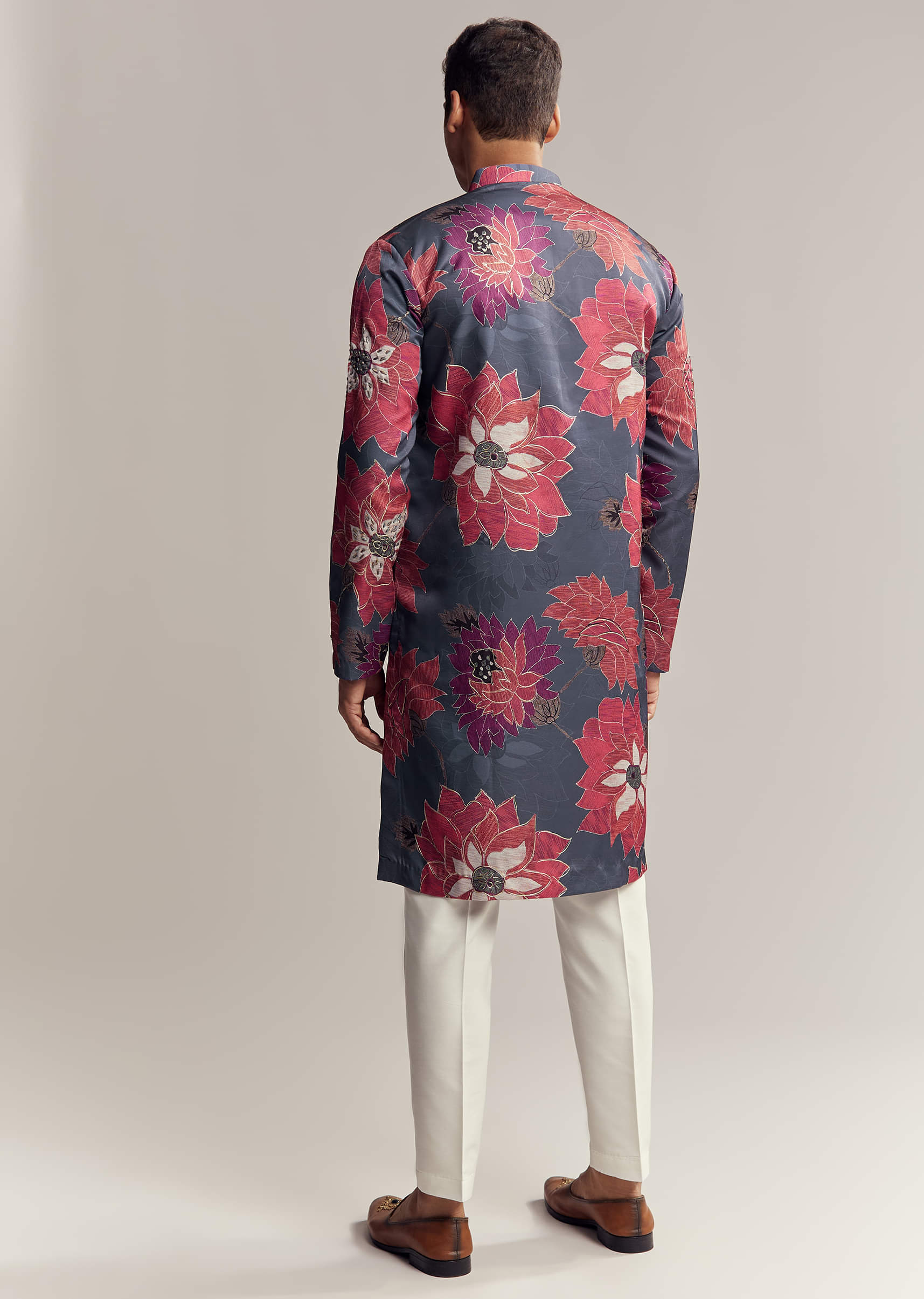 Blue Silk Kurta Set For Men With Floral Print - Image 5
