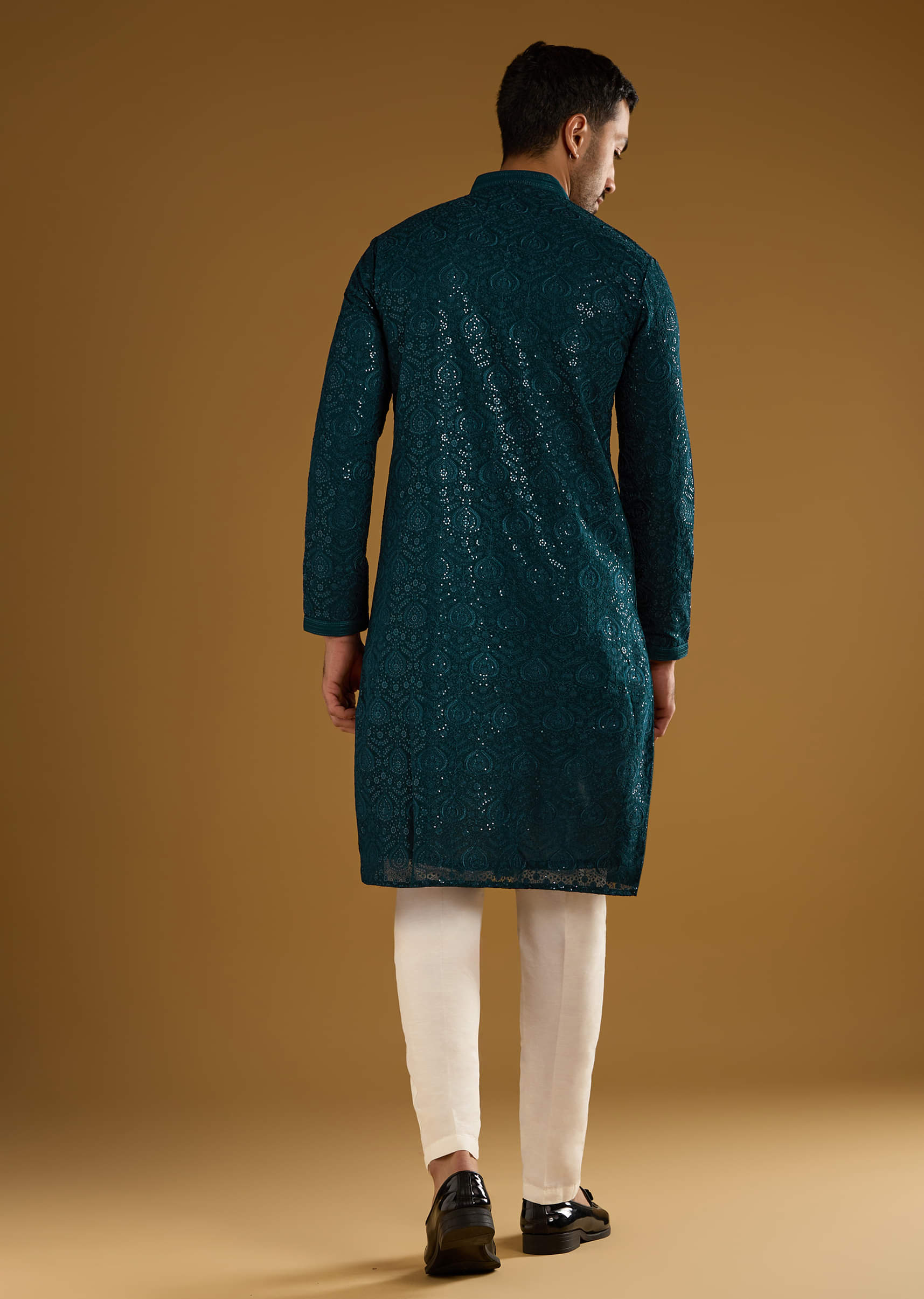 Blue Silk Kurta Set For Men With Heavy Hand Embroidery - Image 4