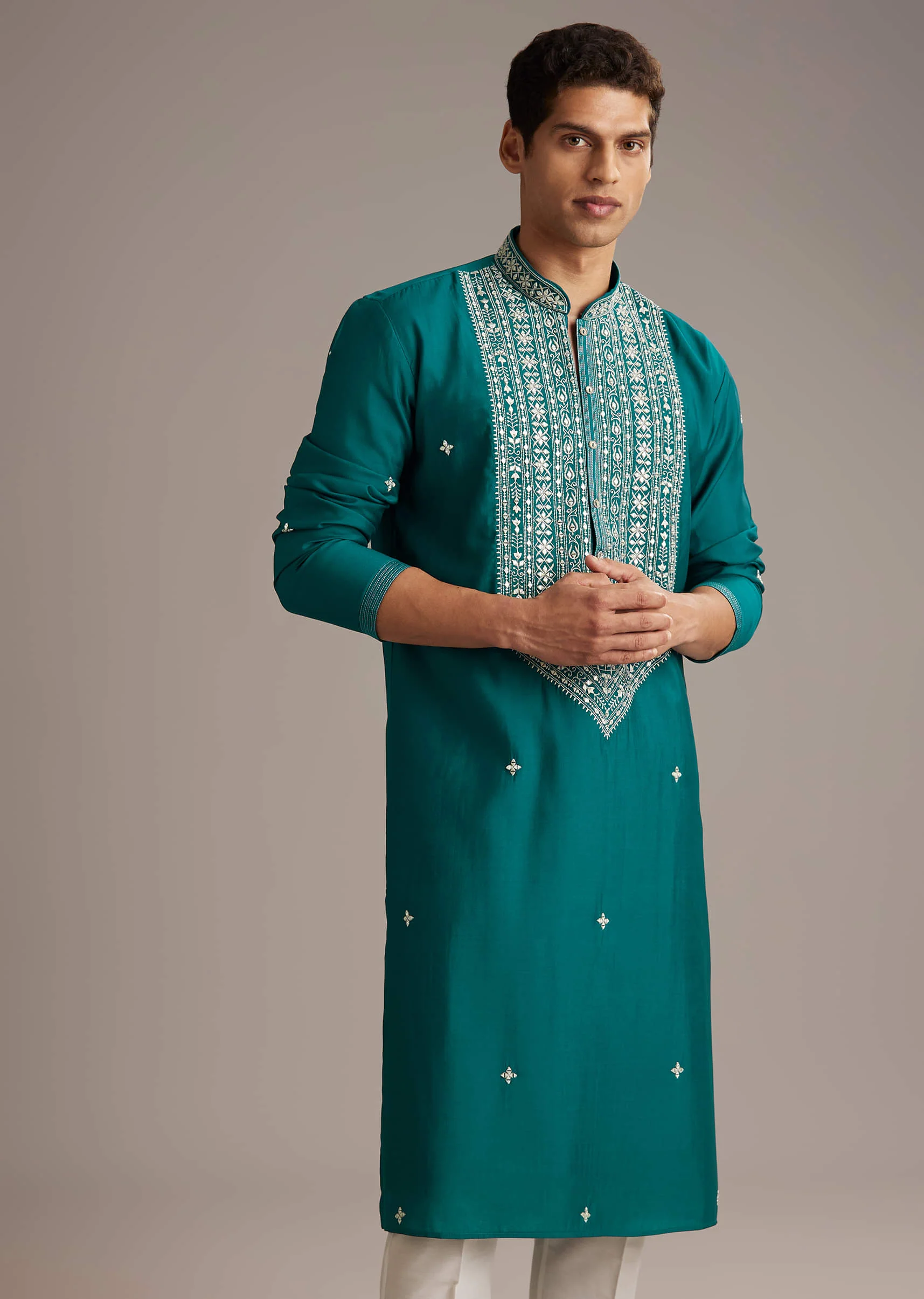 Blue Silk Kurta Set For Men With Mirror And Thread Work - Image 3