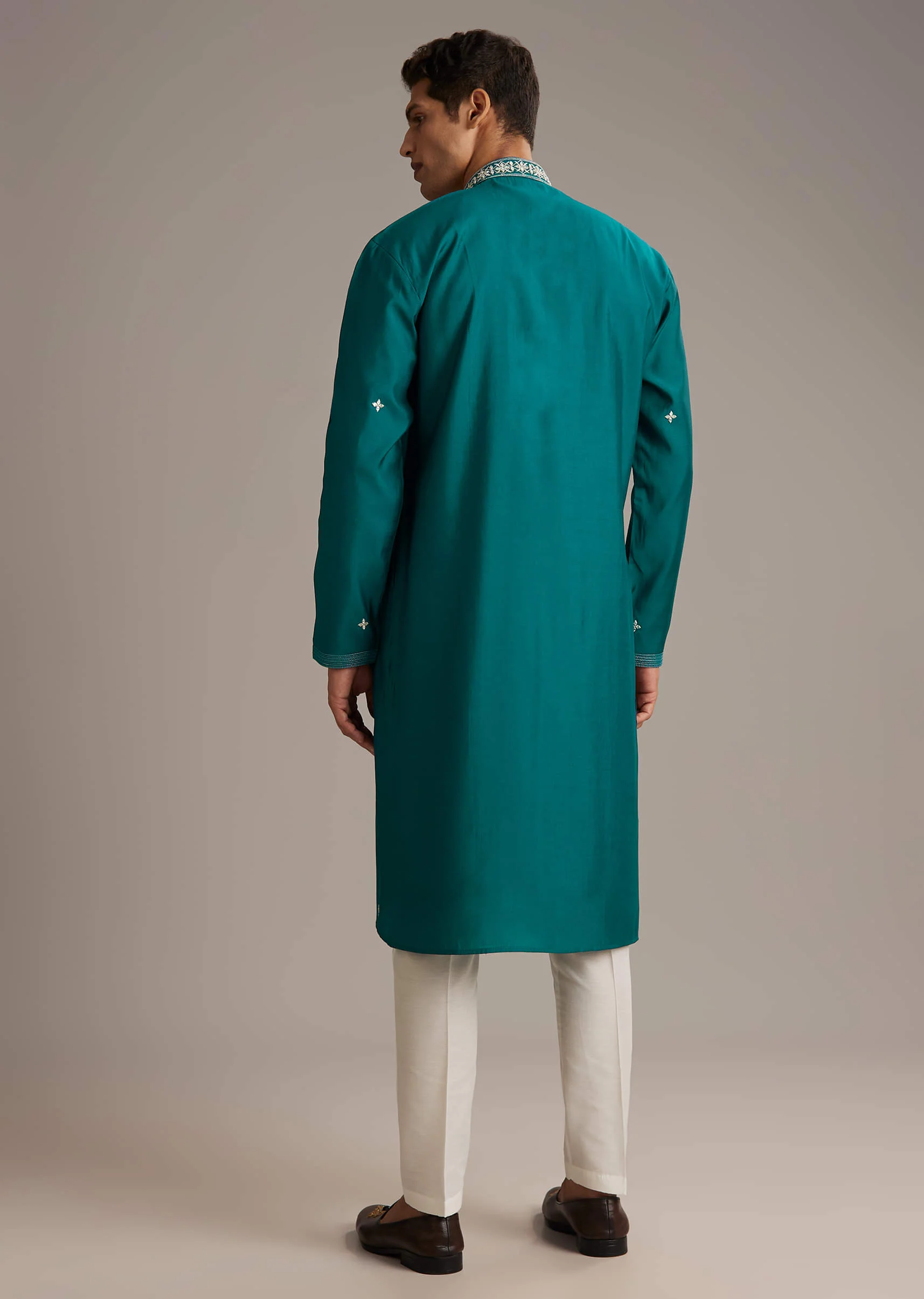 Blue Silk Kurta Set For Men With Mirror And Thread Work - Image 5