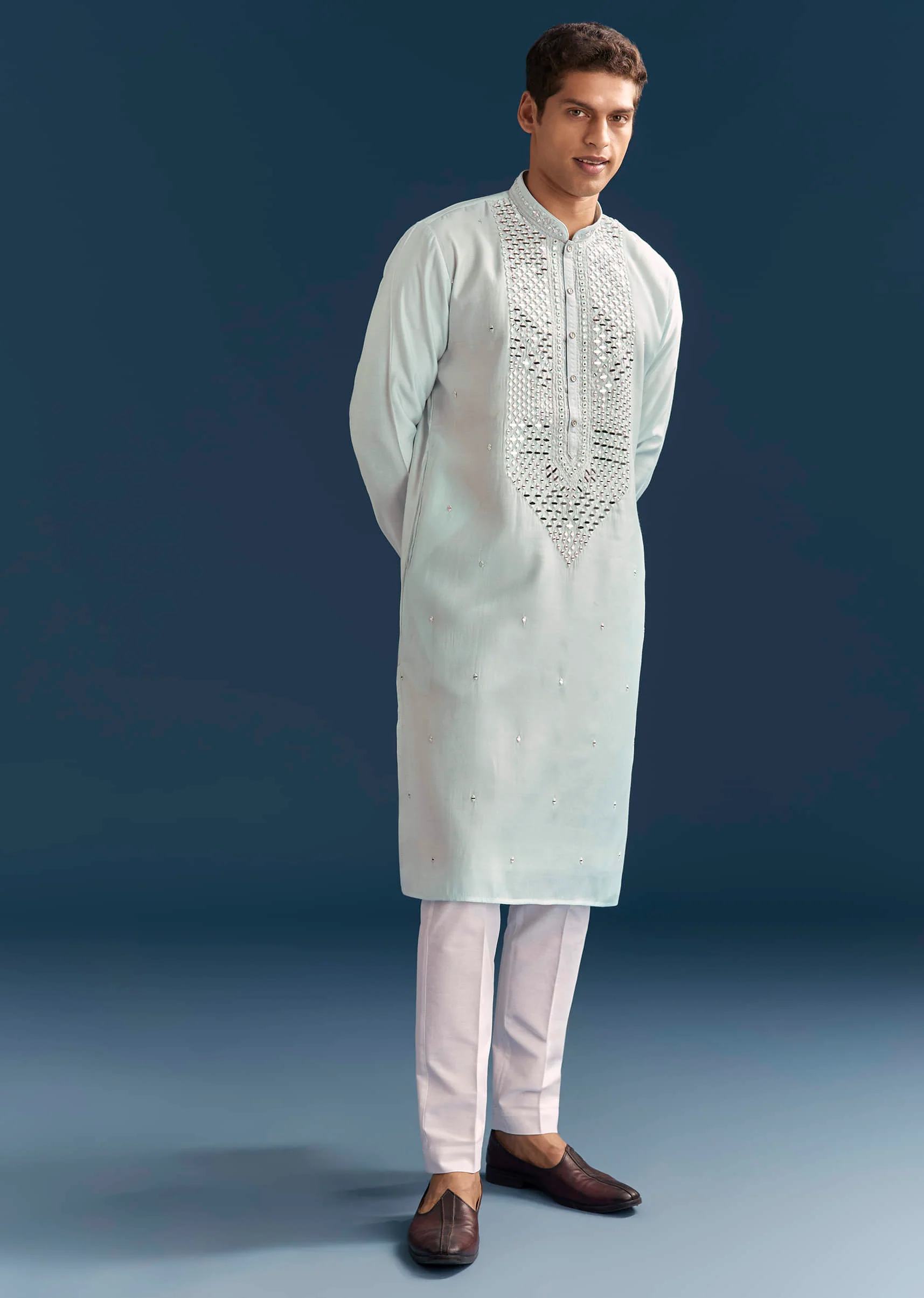 Blue Silk Kurta Set For Men With Mirror Embroidery - Image 3